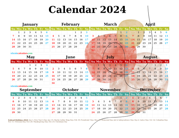 12 2024 Free Printable Yearly Calendar Watercolor Premium - Free Printable 2024 Calendar Hong Kong Public Holidays