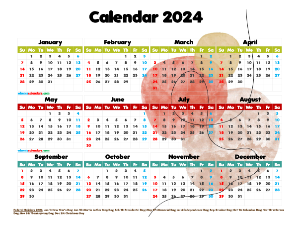12 Free Printable 2024 Calendar With Holidays Watercolor Premium | Free Printable 2024 Calendar Hong Kong Public Holidays