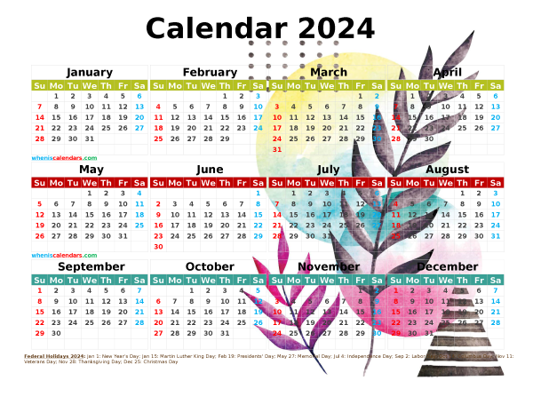 12 Printable Yearly 2024 Calendar With Holidays Watercolor Premium - Free Printable 2024 Calendar Watercolor