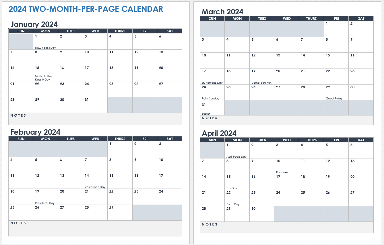 15 Free 2024 Monthly Calendar Templates | Smartsheet pertaining to Free Printable Calendar 2024 2 Months Per Page With Holidays