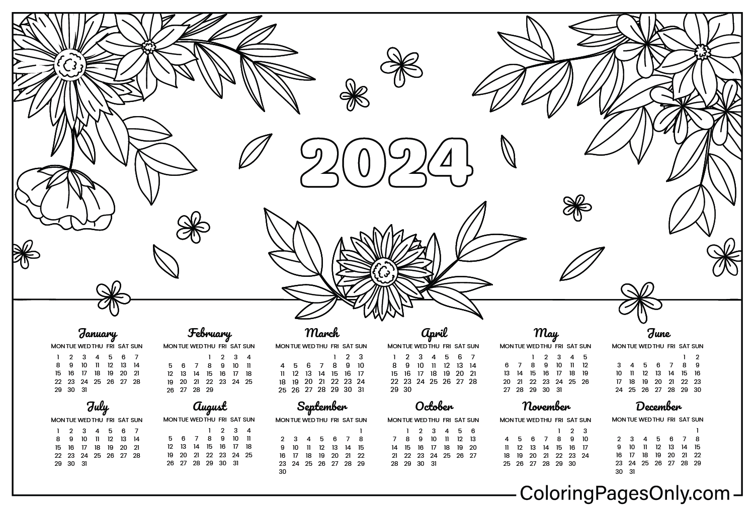 18 Free Printable Calendar 2024 Coloring Pages | Coloring Pages with Free Printable Black And White Calendar 2024