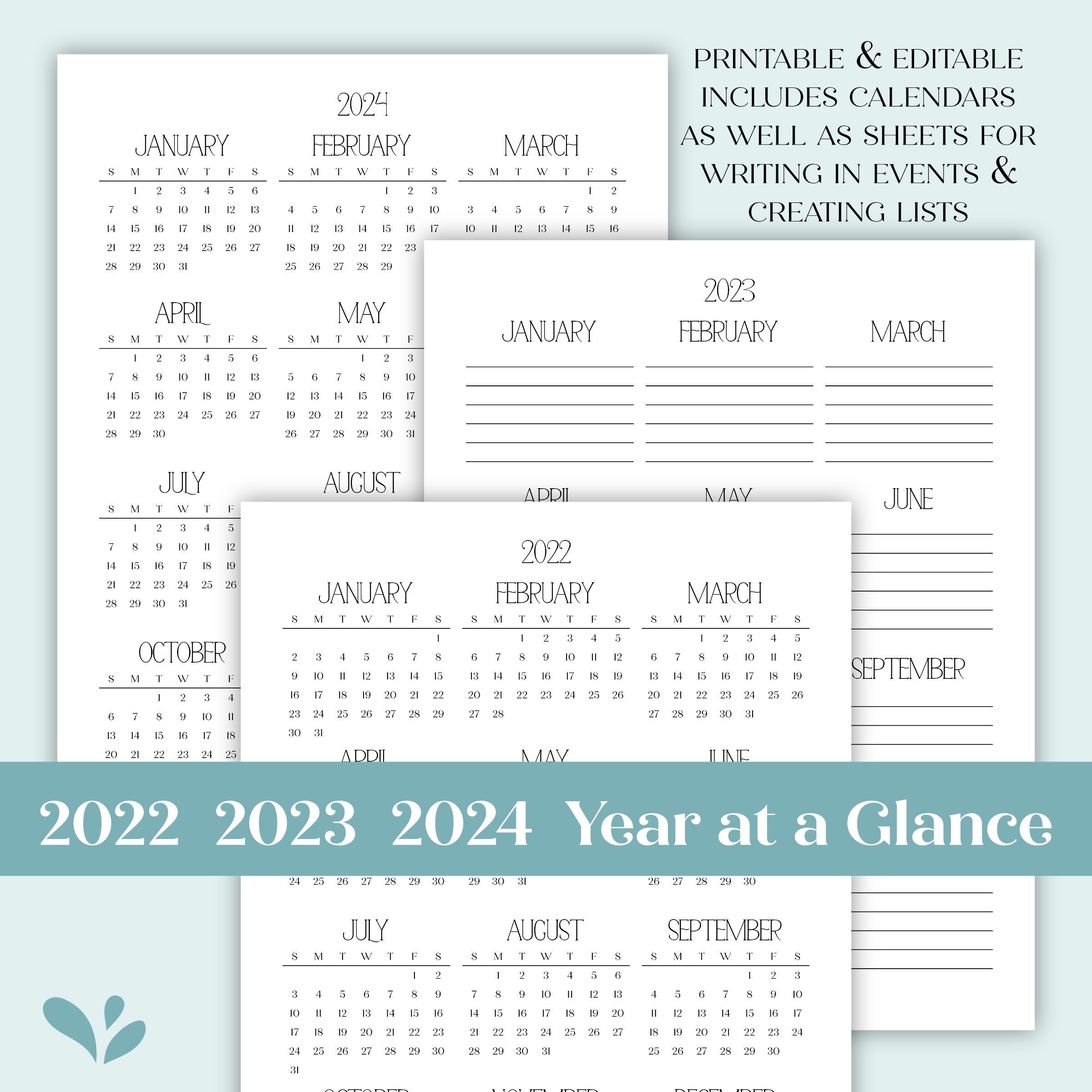 2022 2023 2024 Year At A Glance Minimalist Editable Printable with Free Printable And Fillable Calendar For 2024