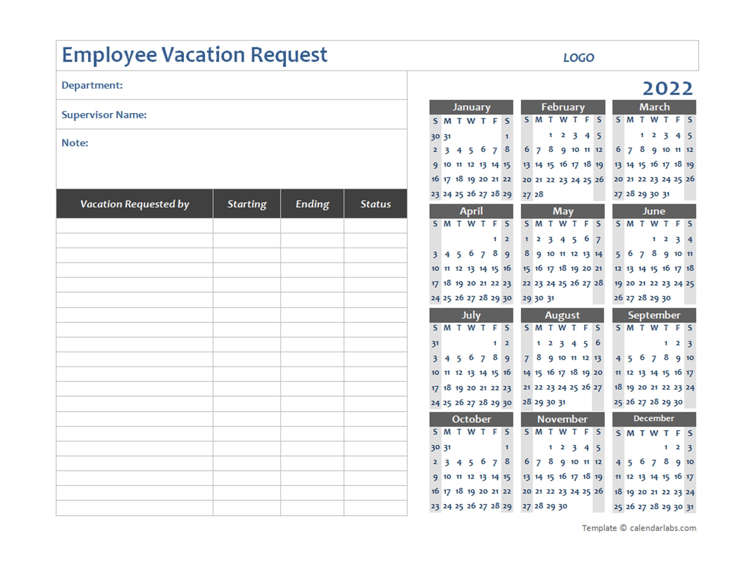 2022 Business Employee Vacation Request Free Printable Templates - Free Printable 2024 Employee Vacation Calendar