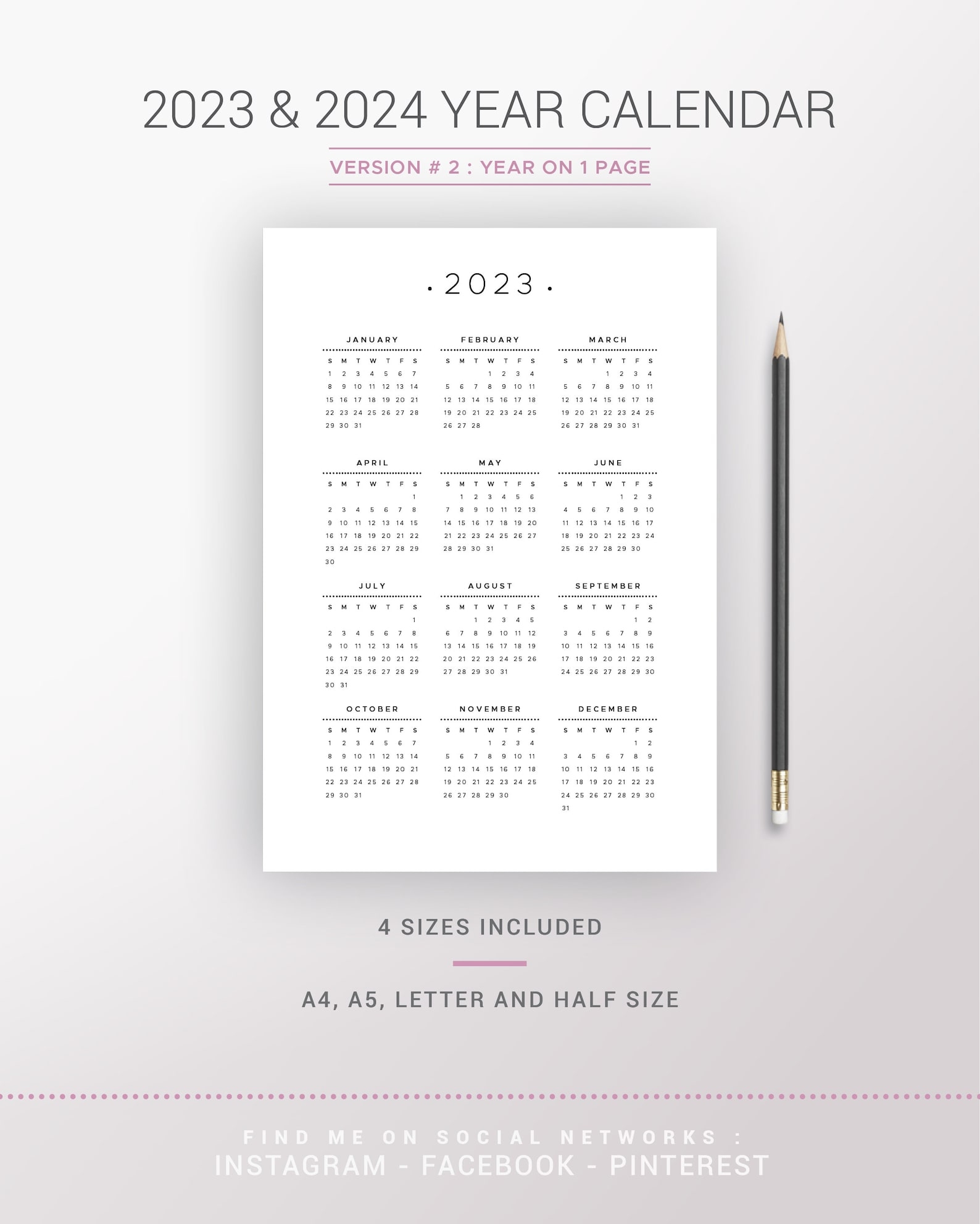 2023 2024 Yearly Calendar Printable Planner Insert Dated Etsy - Free Printable A5 Monthly Calendar 2024