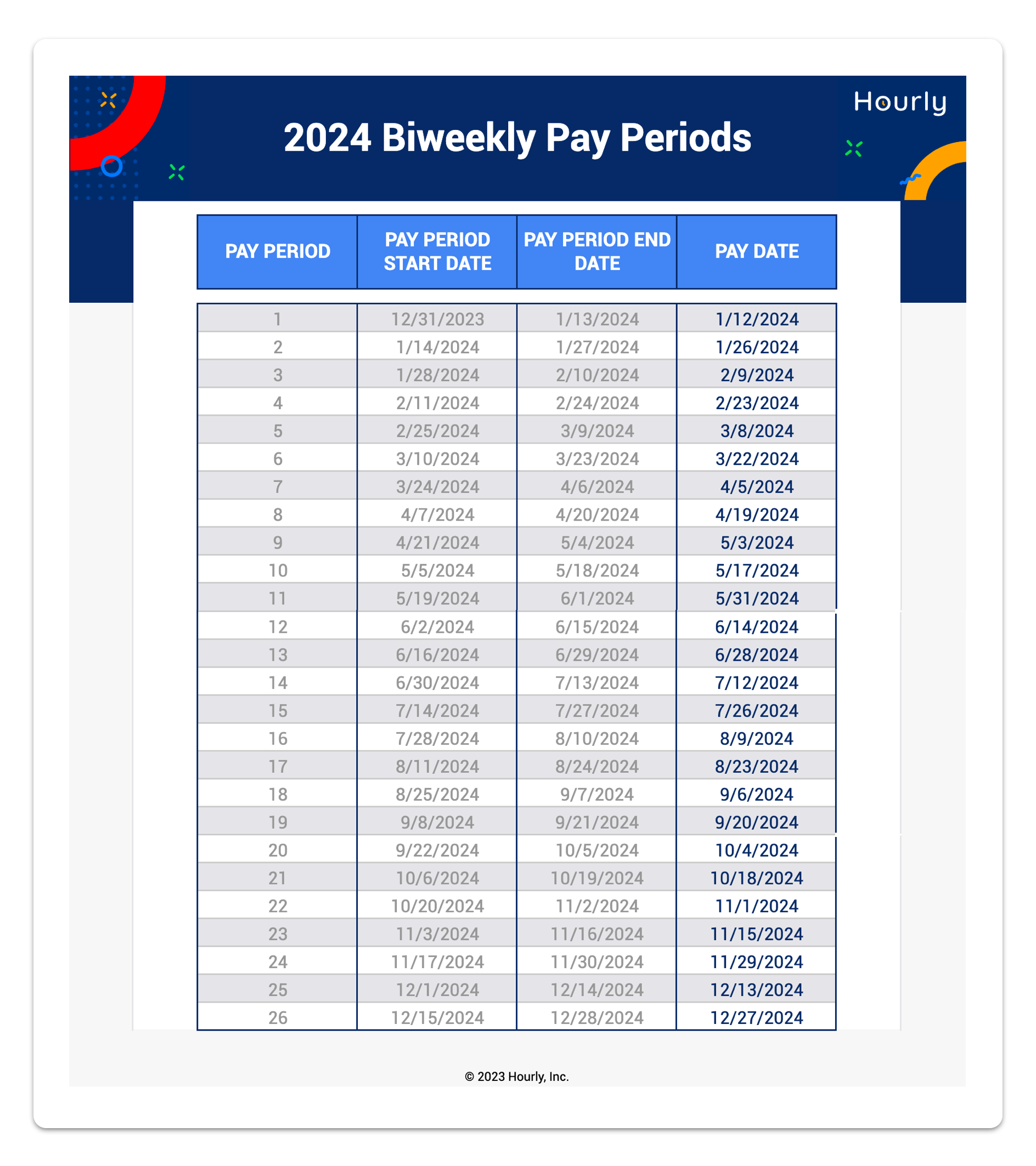 2023 And 2024 Biweekly Payroll Calendar Templates - Hourly, Inc. inside Free Printable Bi Weekly Calendar 2024