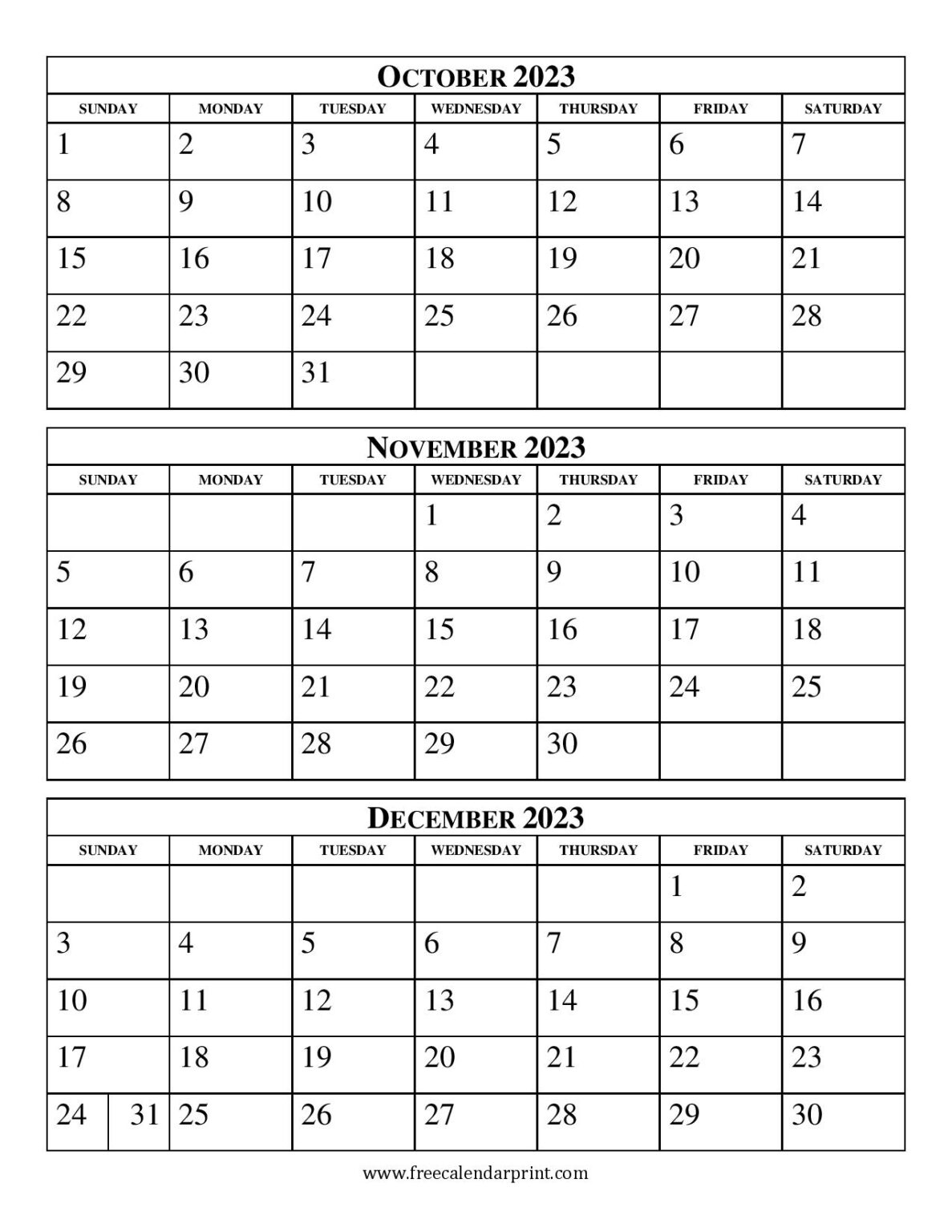 2023 Calendar Three Months Per Page Printable Template Free 2023 - Free Printable 3 Month Calendar 2024 October November December
