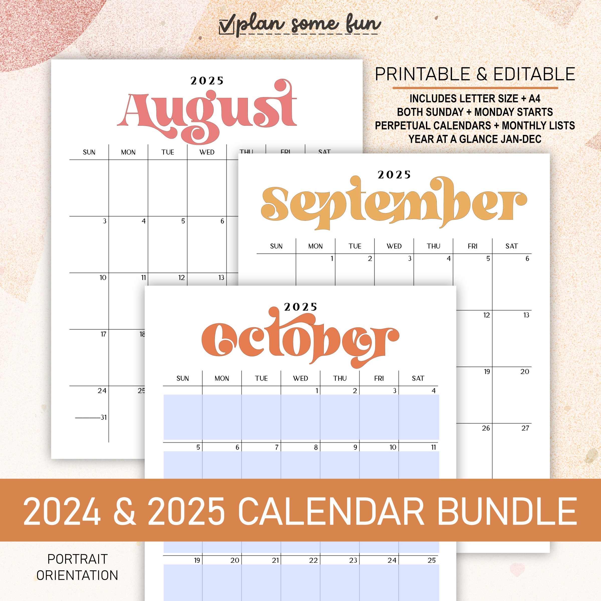 2024 2025 Calendar Bundle Printable Editable Portrait Monthly throughout Free Printable Calendar 2024-2025 Cute Vertical