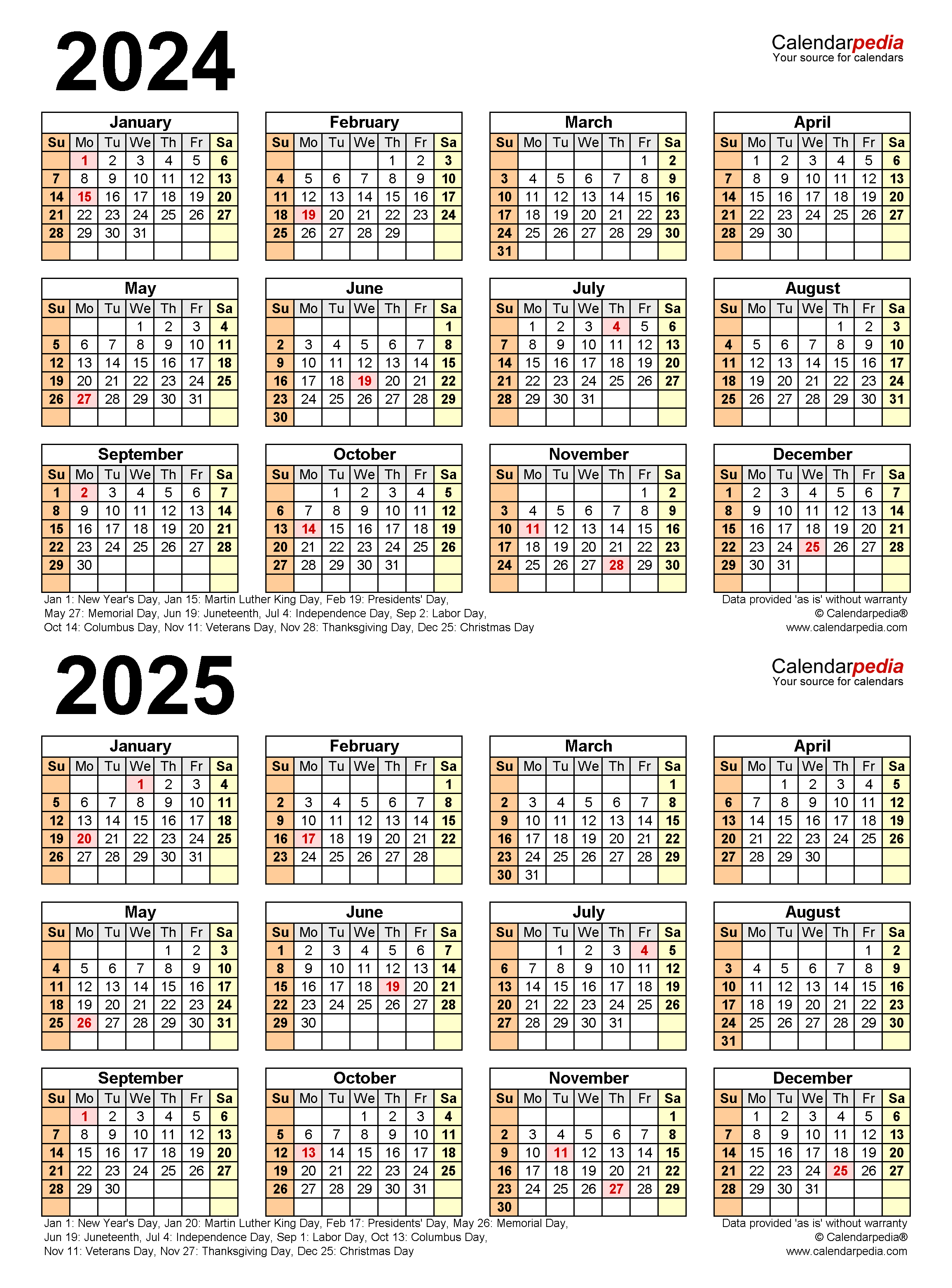 2024 2025 Two Year Calendar Free Printable Word Templates - Free Printable 2024 Calendar 2025 W Holidays