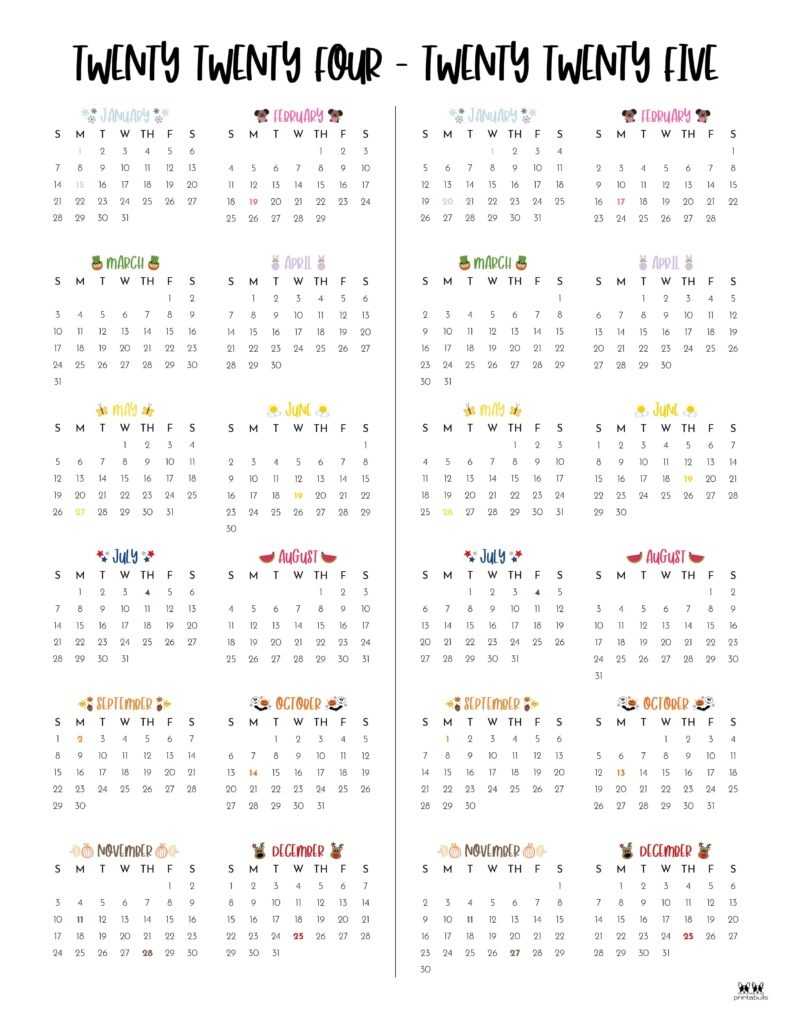 2024-2025 Two Year Calendars - 10 Free Printables | Printabulls inside Free Printable Calendar 2024 With Holidays 2 Column