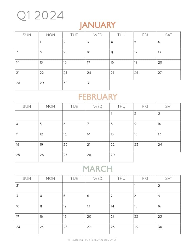 2024 3-Month Quarterly Calendar Printables - Free - Hey Donna inside Free Printable Calendar 2024 3 Month Calendar