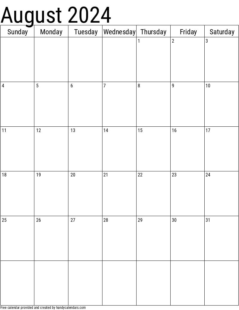 2024 August Calendars Handy Calendars - Free Printable August 2024 Calendar Template