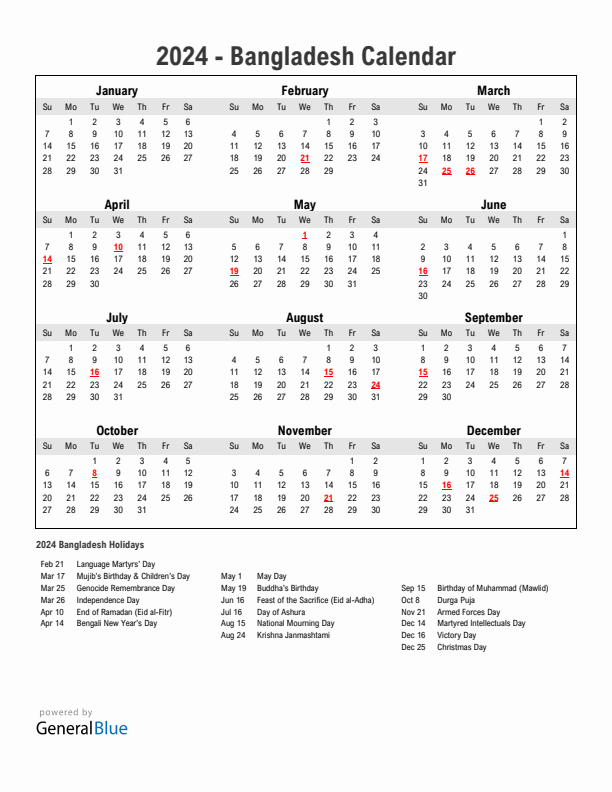 2024 Bangladesh Calendar With Holidays
