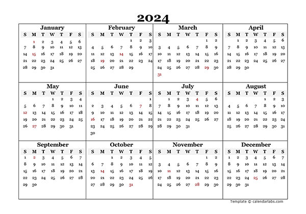2024 Blank Yearly Word Calendar Template Free Printable Templates - Free Printable 2024 Yearly Work Calendar Template