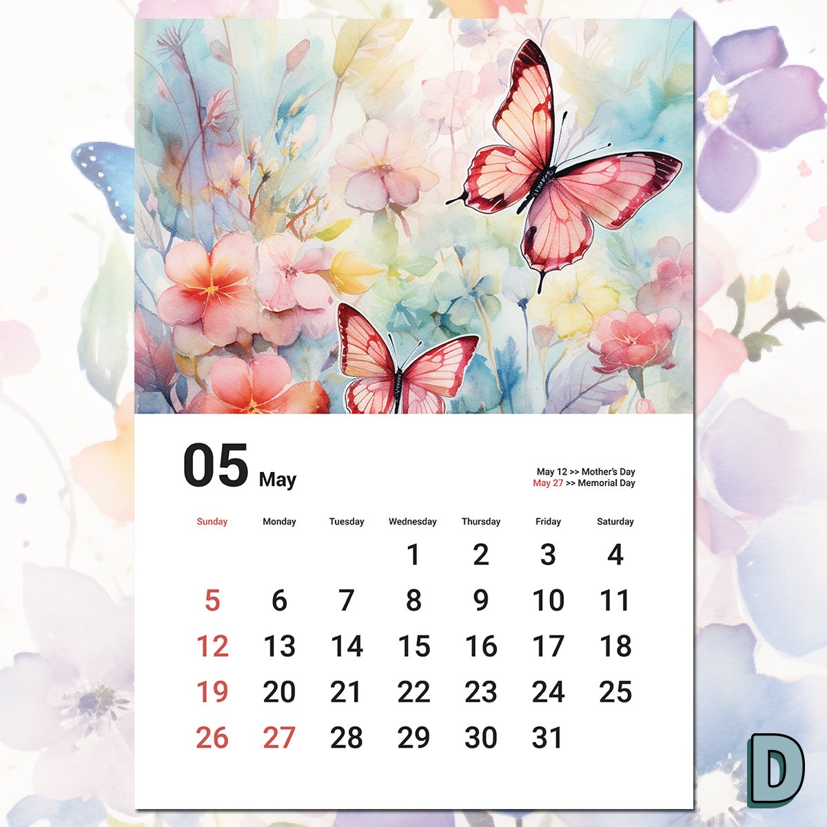 2024 Butterfly Calendar: Watercolor Art, Printable, Holiday Dates intended for Free Printable Butterfly Calendar 2024