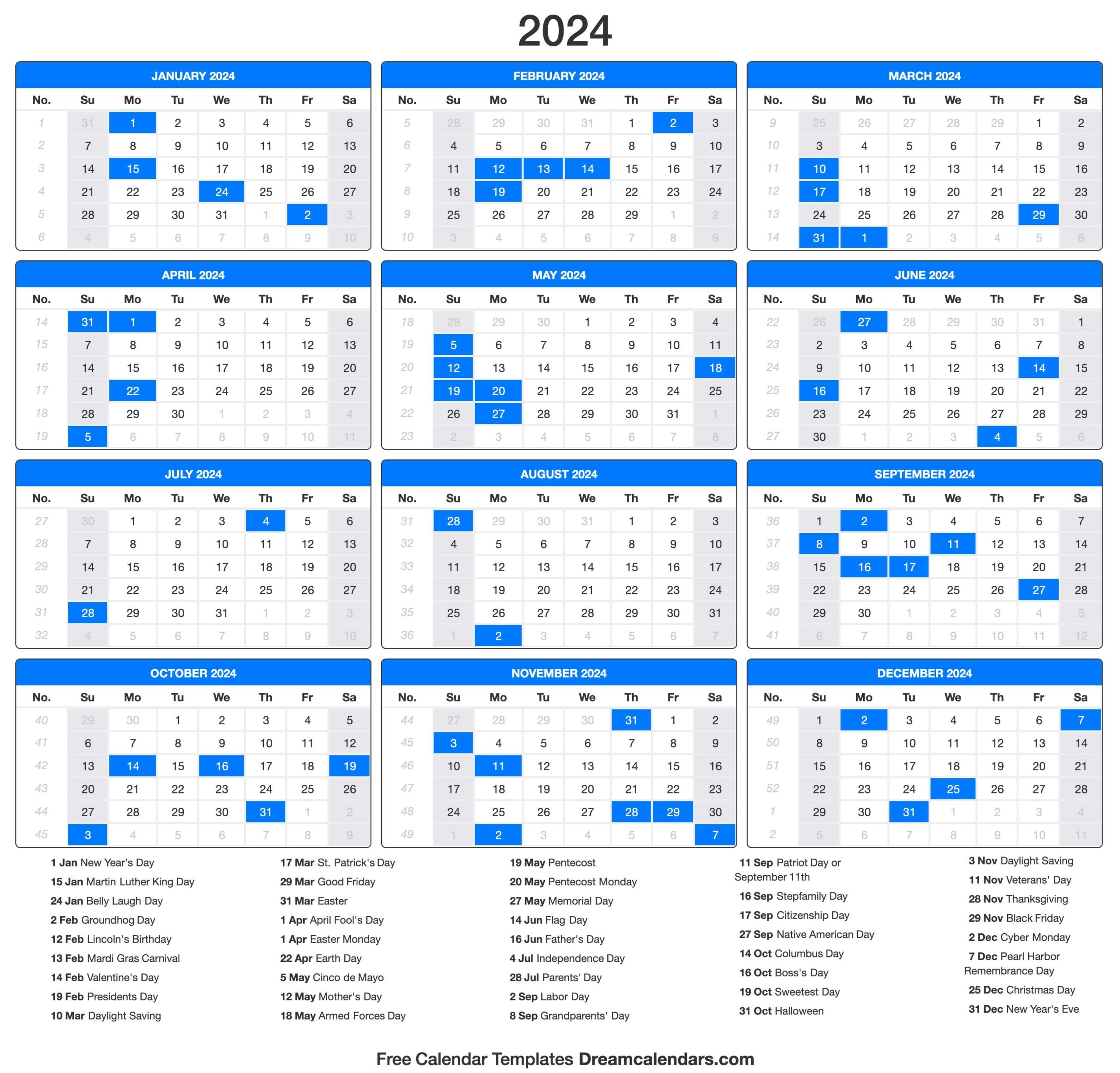 2024 Calendar | Free Printable 2024 Calendar With Holiday One Page Portrait