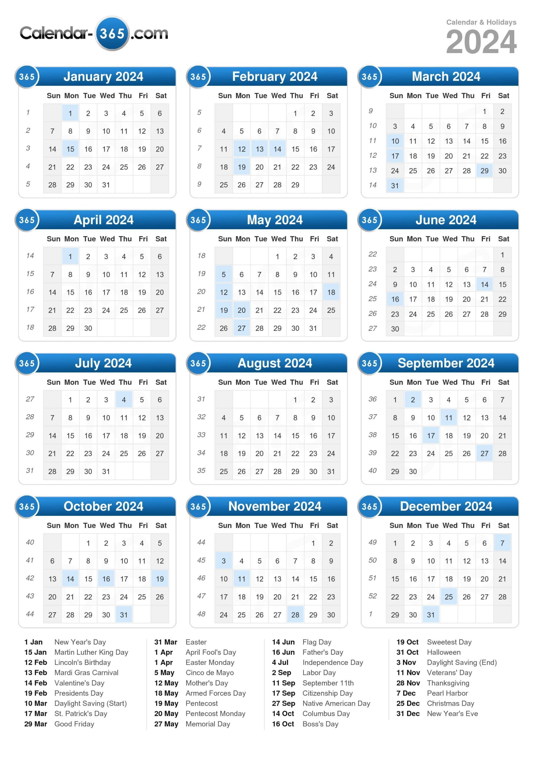 2024 Calendar - Free Printable 2024 Calendar With Holidays No Download