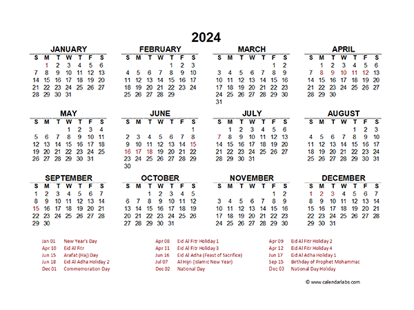 2024 Calendar At A Glance With Holidays Eryn Odilia | Free Printable 2024 Calendar With Uae Holidays