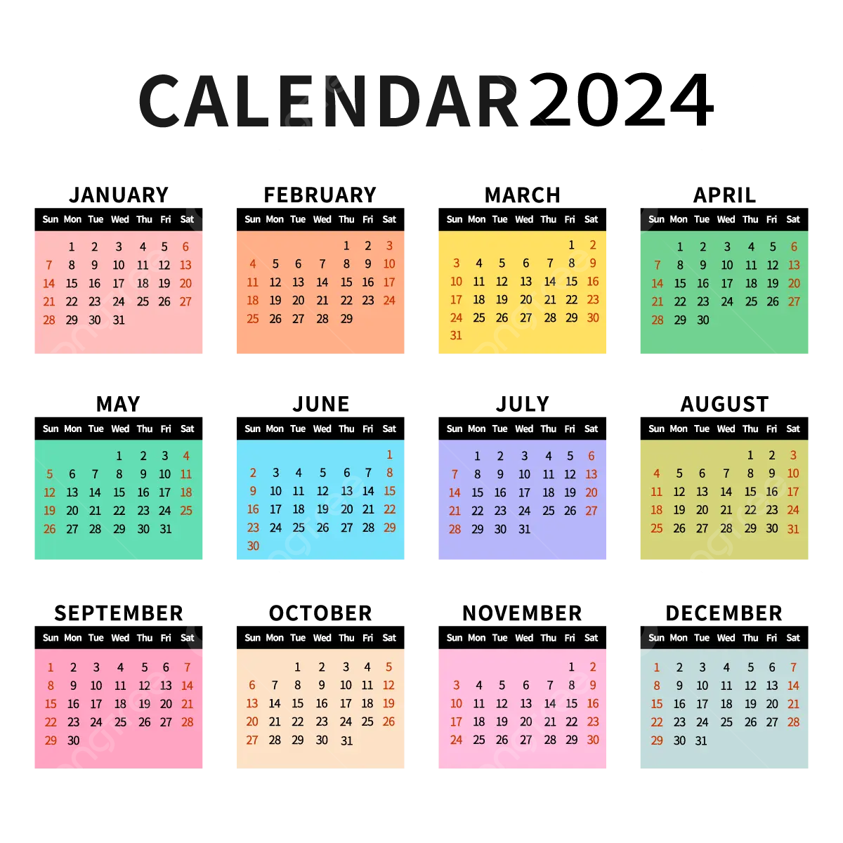 2024 Calendar Colorful Simple Style Desk Calendar Vector 2024 | Free Printable 2024 Monthly Calendar Colorful