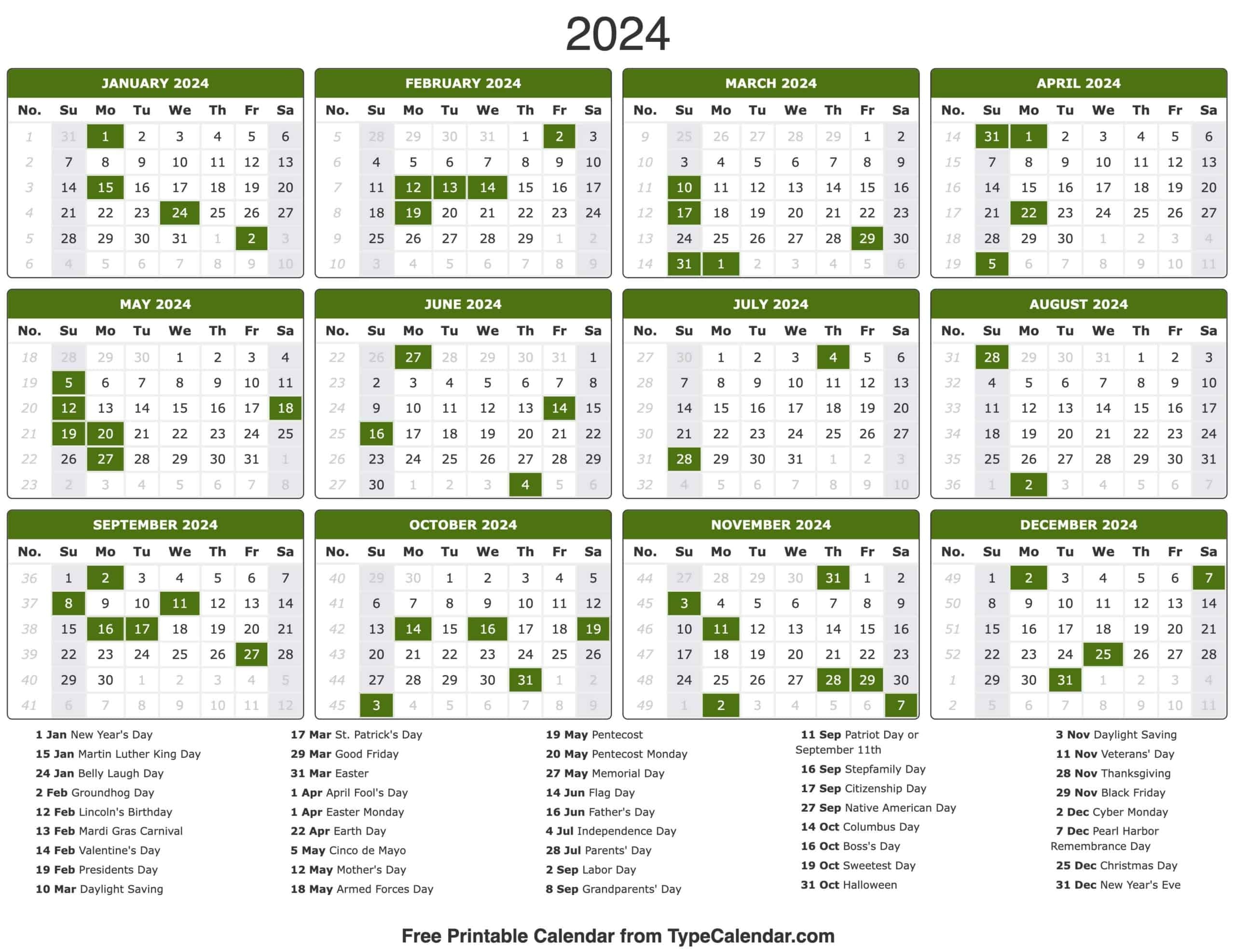 2024 Calendar: Free Printable Calendar With Holidays inside Free Printable Calendar 2024 By Month With Holidays