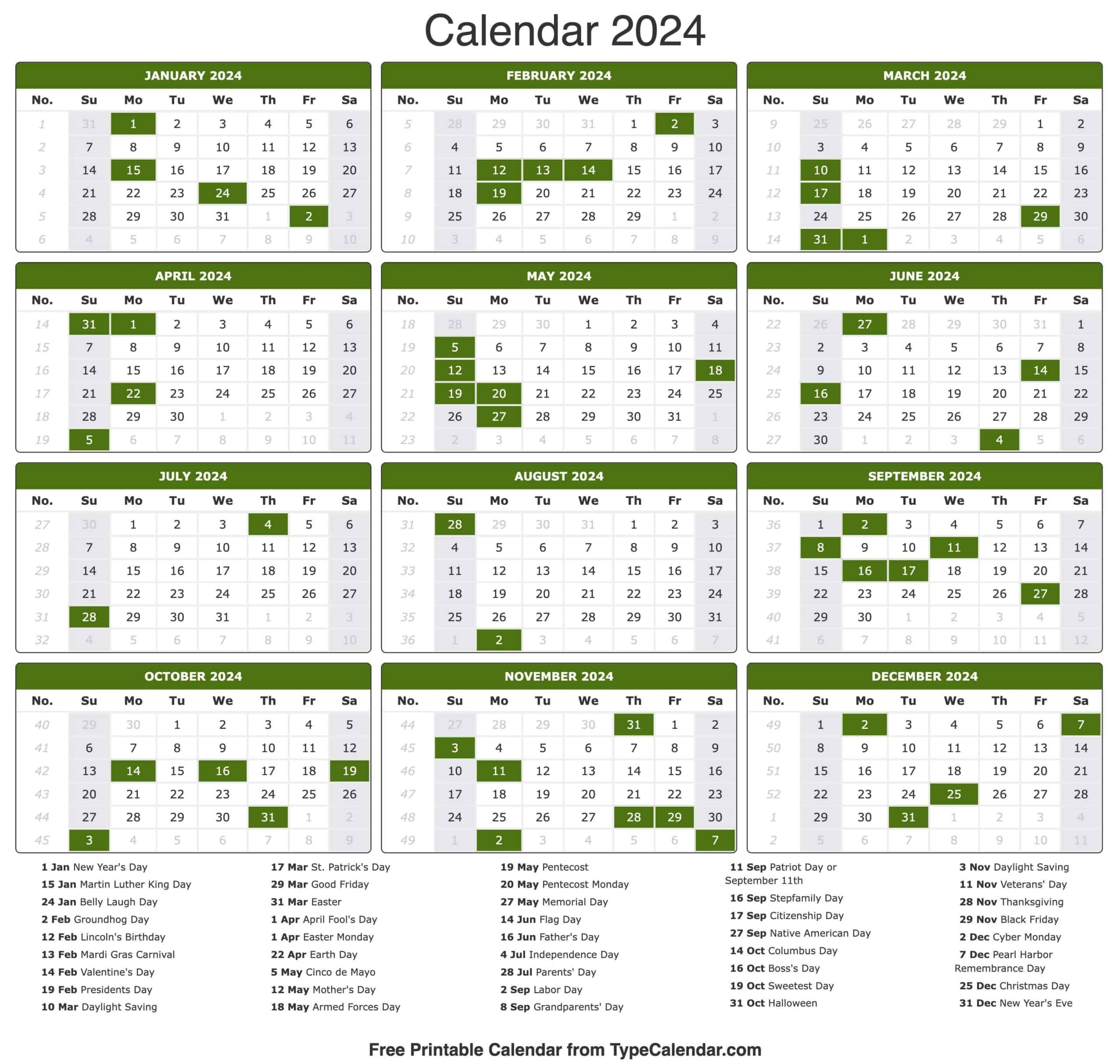 2024 Calendar: Free Printable Calendar With Holidays throughout Free Printable Big Bold 2024 Calendar