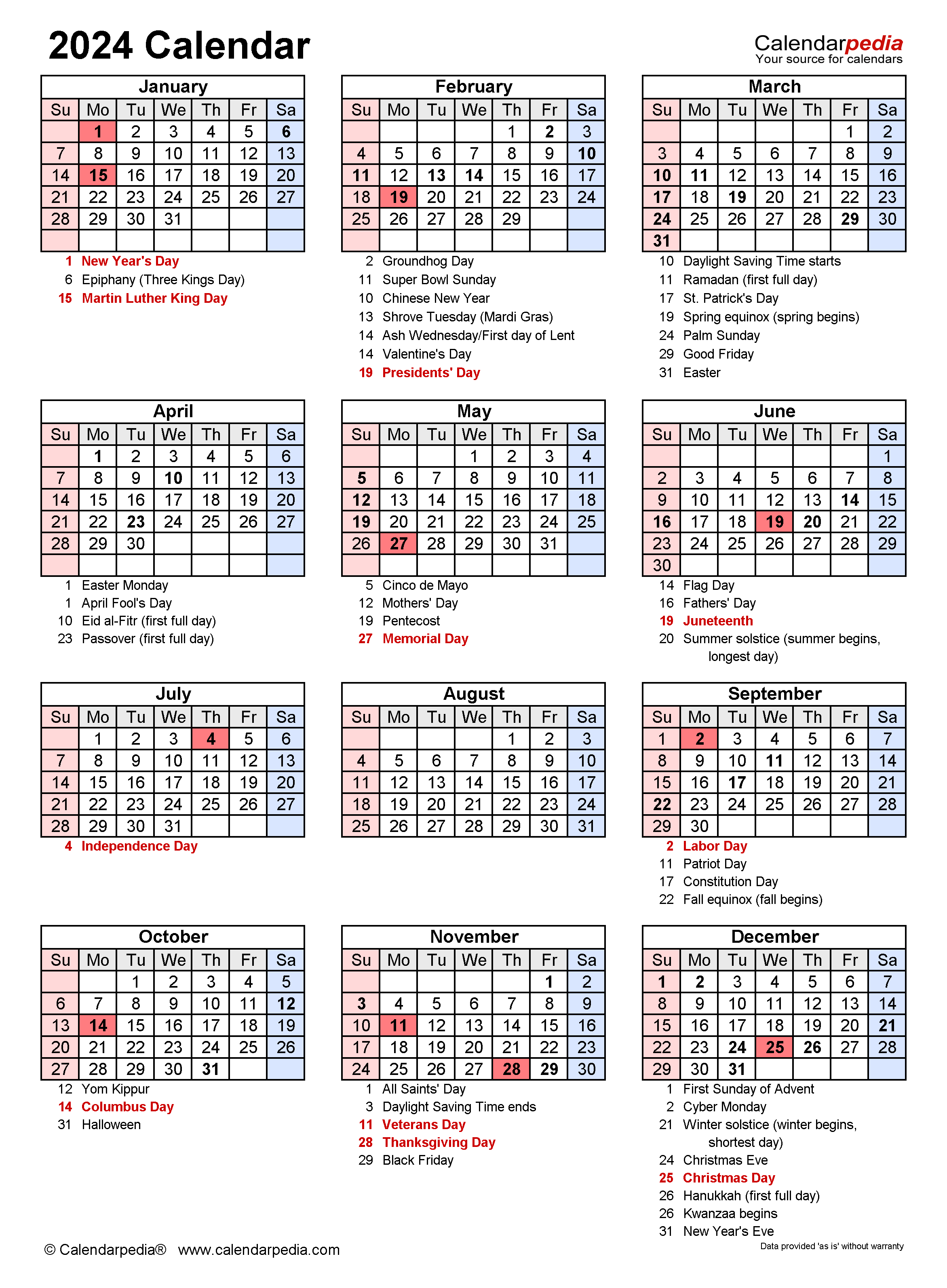 2024 Calendar Free Printable PDF Templates Calendarpedia - Free Printable 2024 Yearly Calendar With Holidays Time And Date