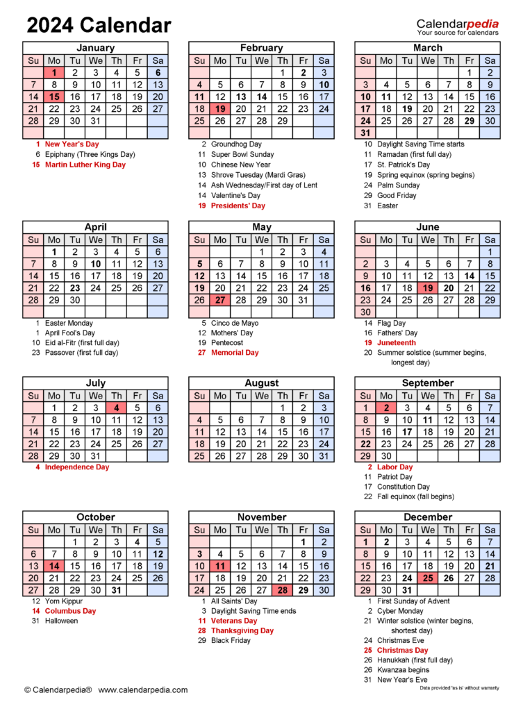 Free Printable 2024 Calendar On One Page With Holidays 