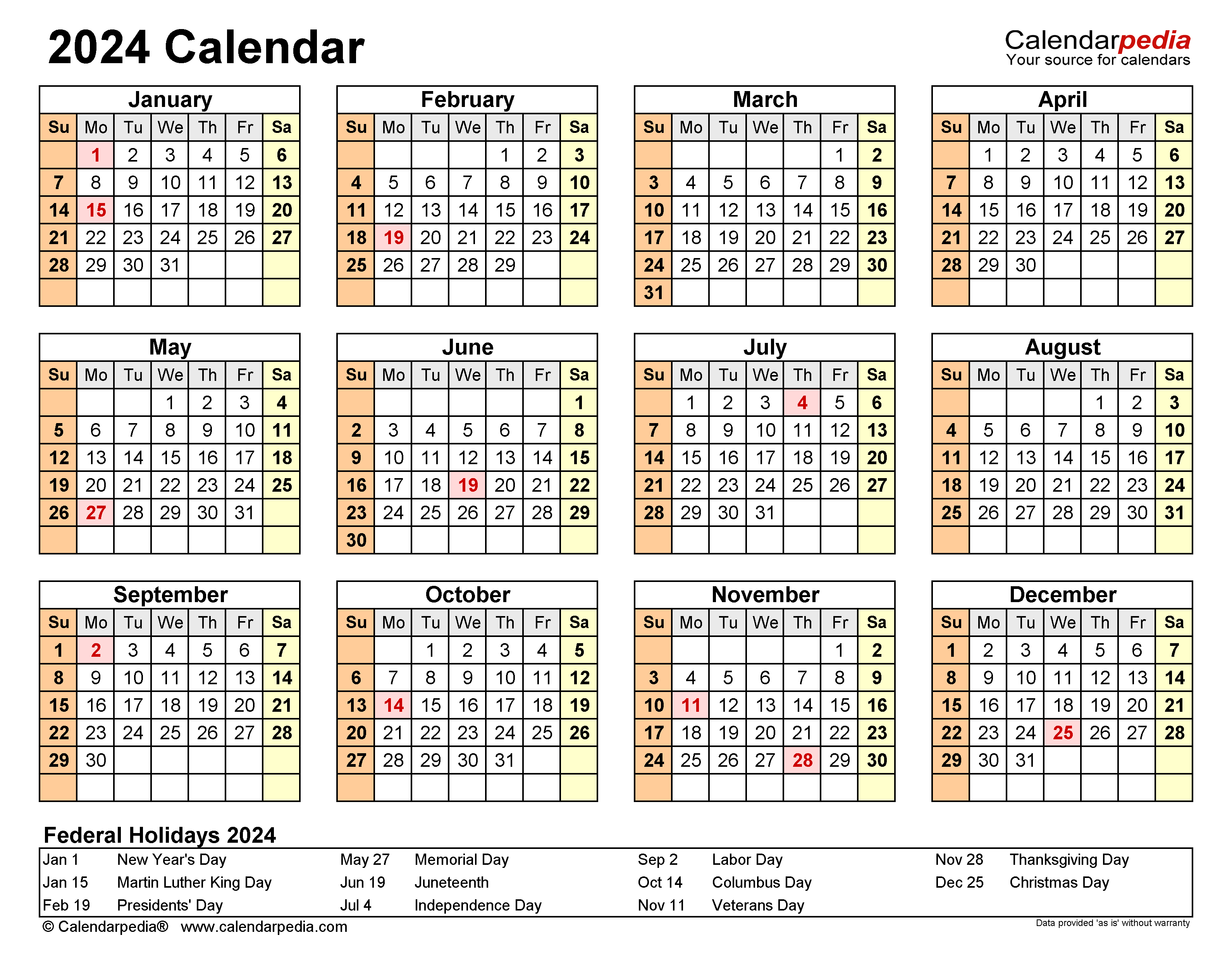 2024 Calendar - Free Printable Word Templates - Calendarpedia in Free Printable Calendar 2024 Pdf Word