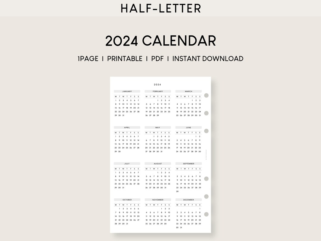 2024 Calendar Half-Letter Printable Template Dated Annual Overview in Free Printable Calendar 2024 Half Letter