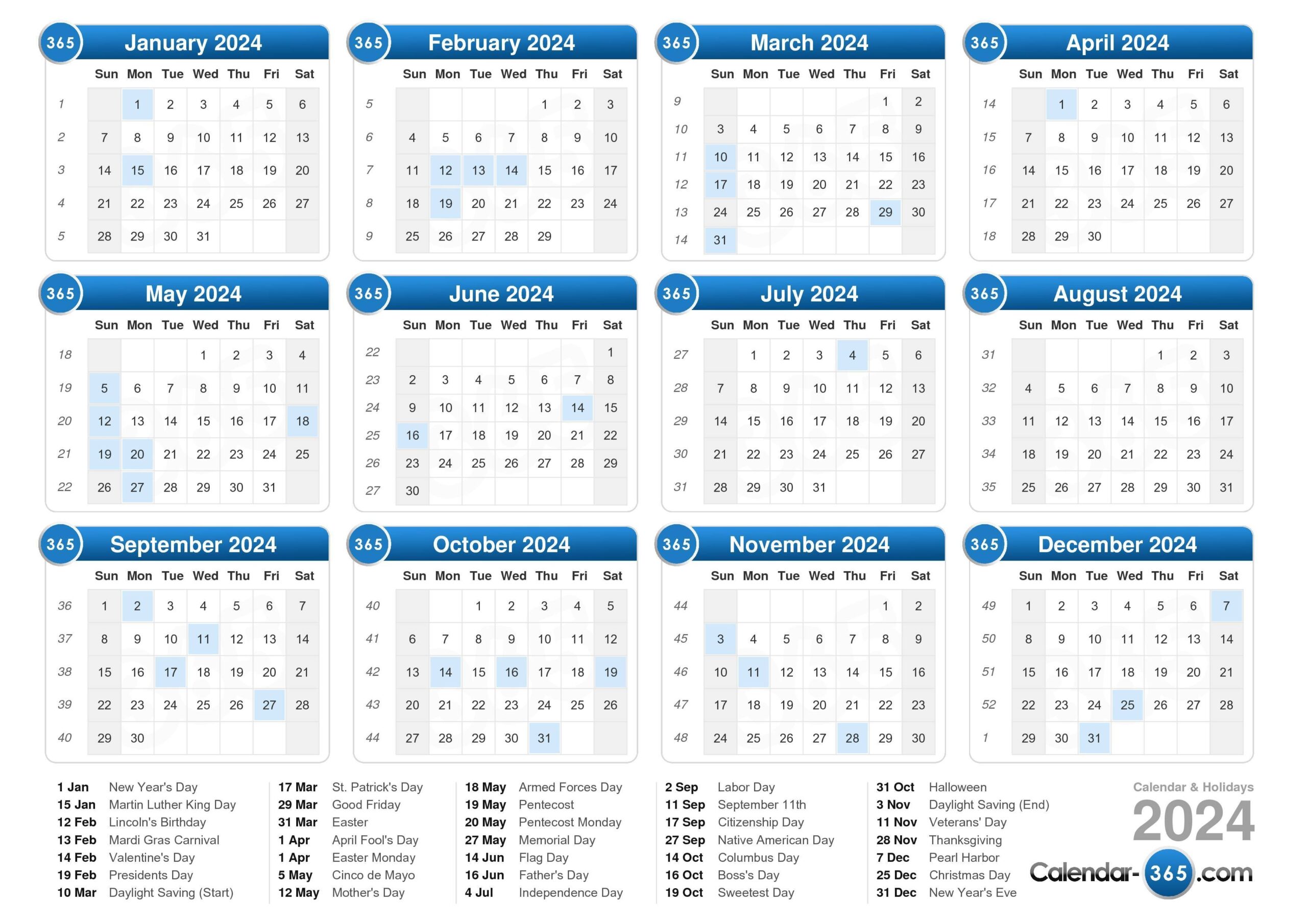 2024 Calendar in Free Printable Calendar 2024 With Week Numbers