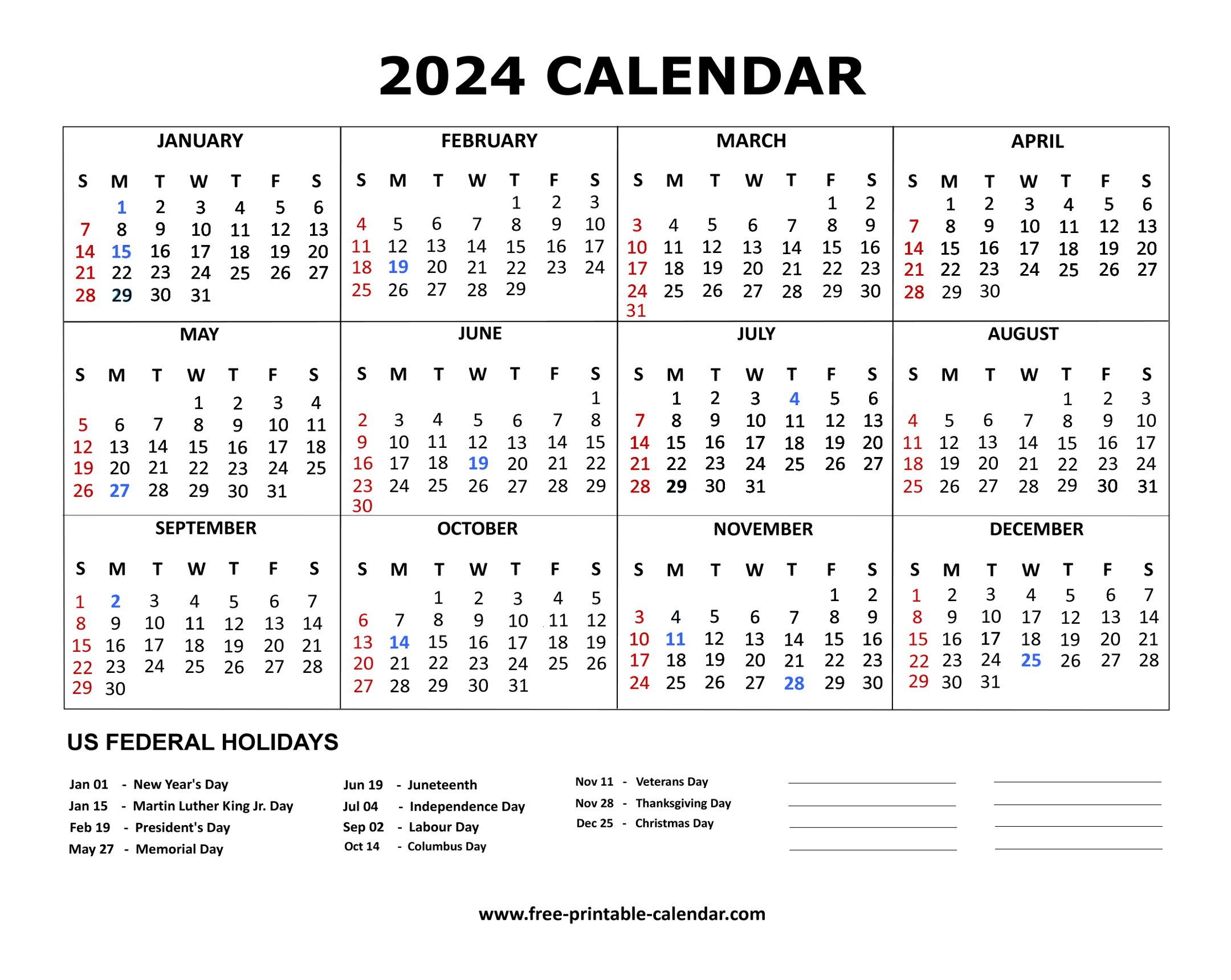 2024 Calendar intended for Free Printable Calendar 2024With Holidays