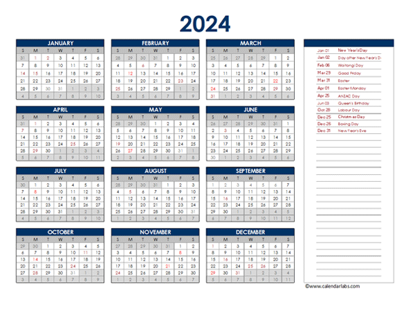 2024 Calendar Nz Printable Zena Angelia - Free Printable 2024 Monthly Calendar With Holidays Nz