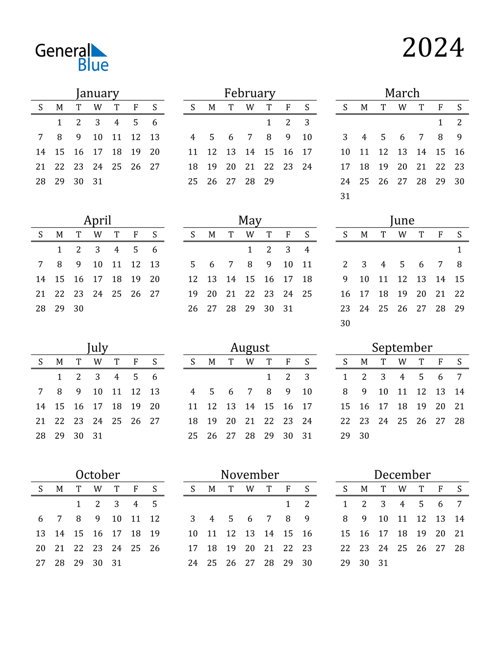 2024 Calendar PDF Word Excel - Free Printable 2024 Yearly Calendar One Page