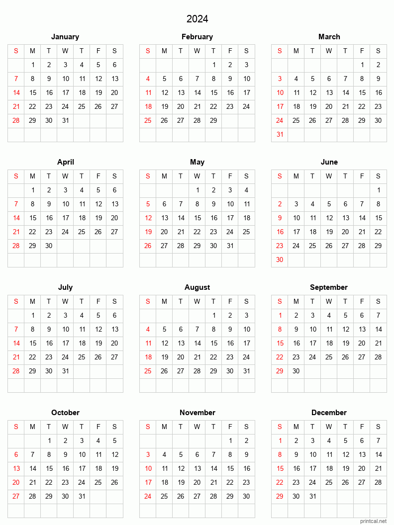 2024 Calendar Pdf Word Excel 2024 Calendar Templates And Images - Free Printable 2024 Yearly Calendar Portrait