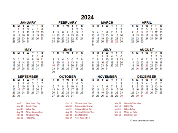 2024 Calendar Philippines With Holidays Printable Pdf Holiday 2024 - Free Printable 2024 Calendar With Holidays Philippines