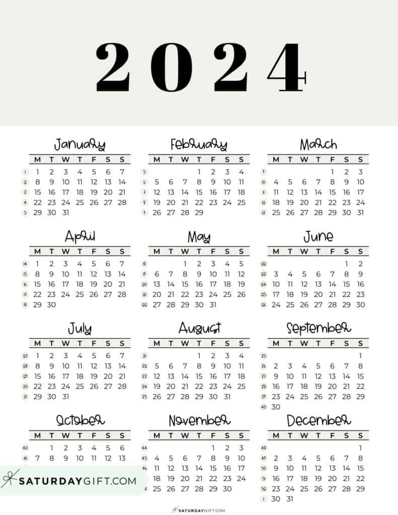 2024 Calendar Printable - 18 Cute &amp;amp; Free 2024 Yearly Calendar for Free Printable Calendar 2024 Starting With Monday
