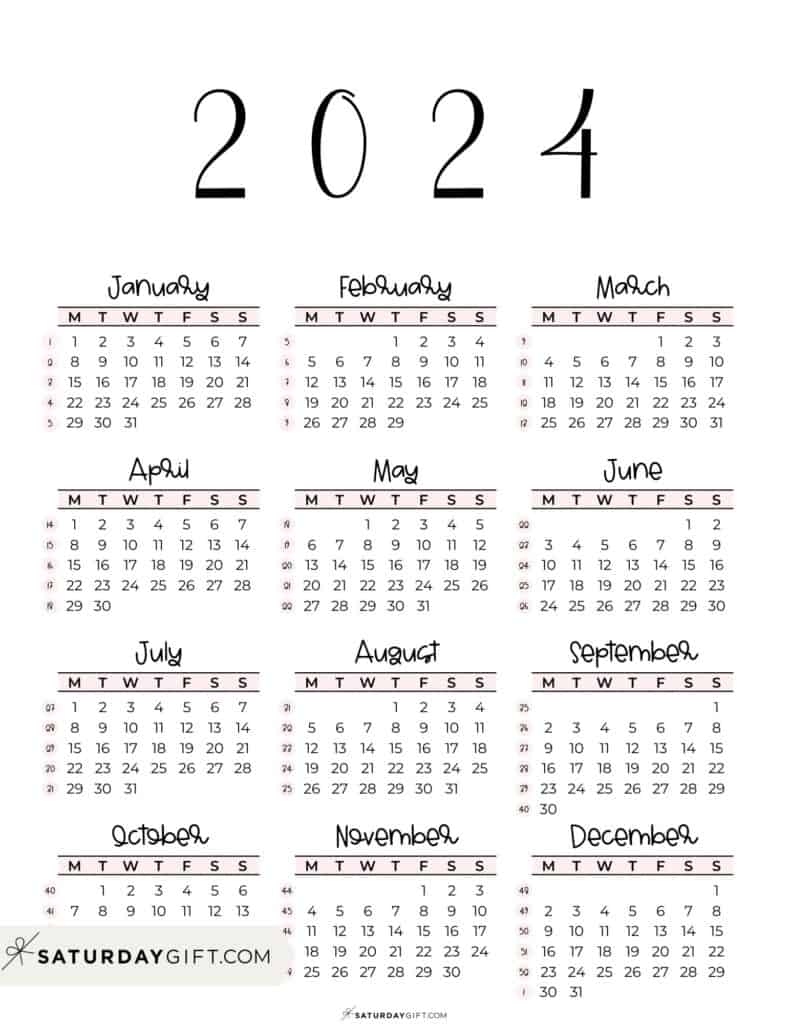 2024 Calendar Printable - 18 Cute &amp;amp; Free 2024 Yearly Calendar regarding Free Printable Calendar 2024 With Week Numbers