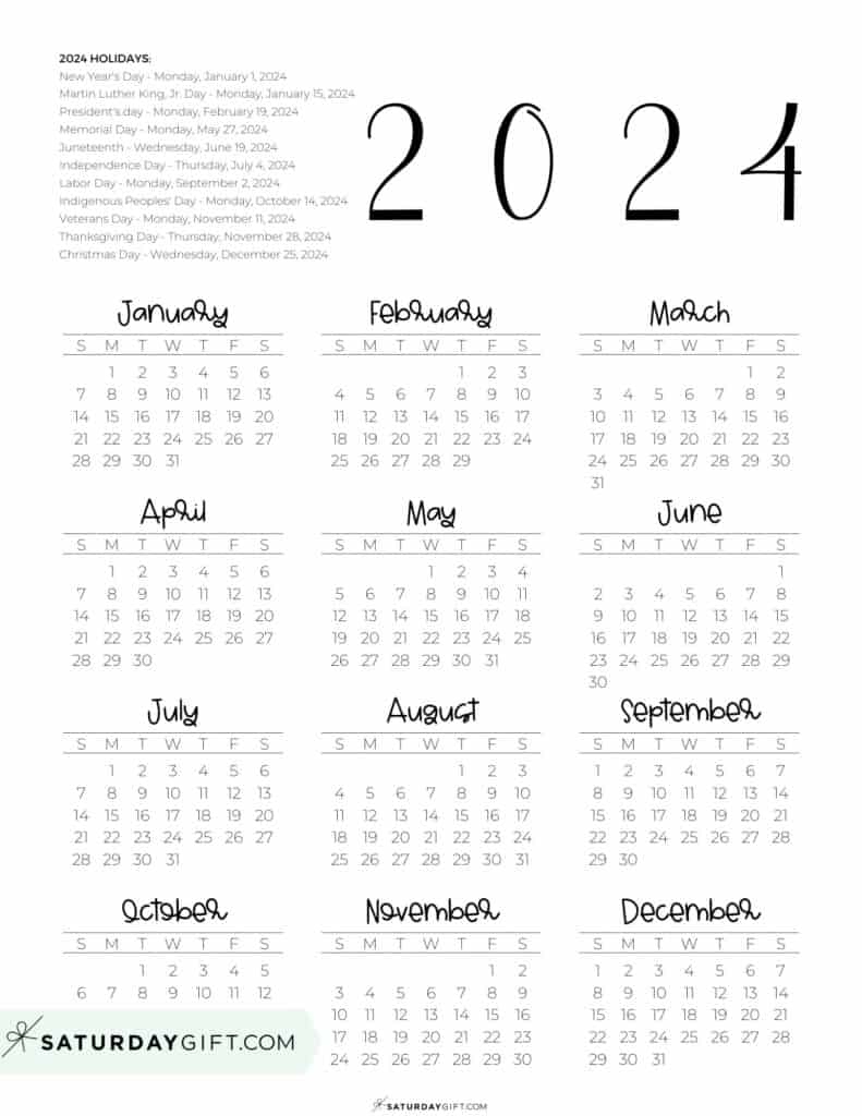 2024 Calendar Printable - 18 Cute &amp;amp; Free 2024 Yearly Calendar with regard to Free Printable Black And White Calendar 2024