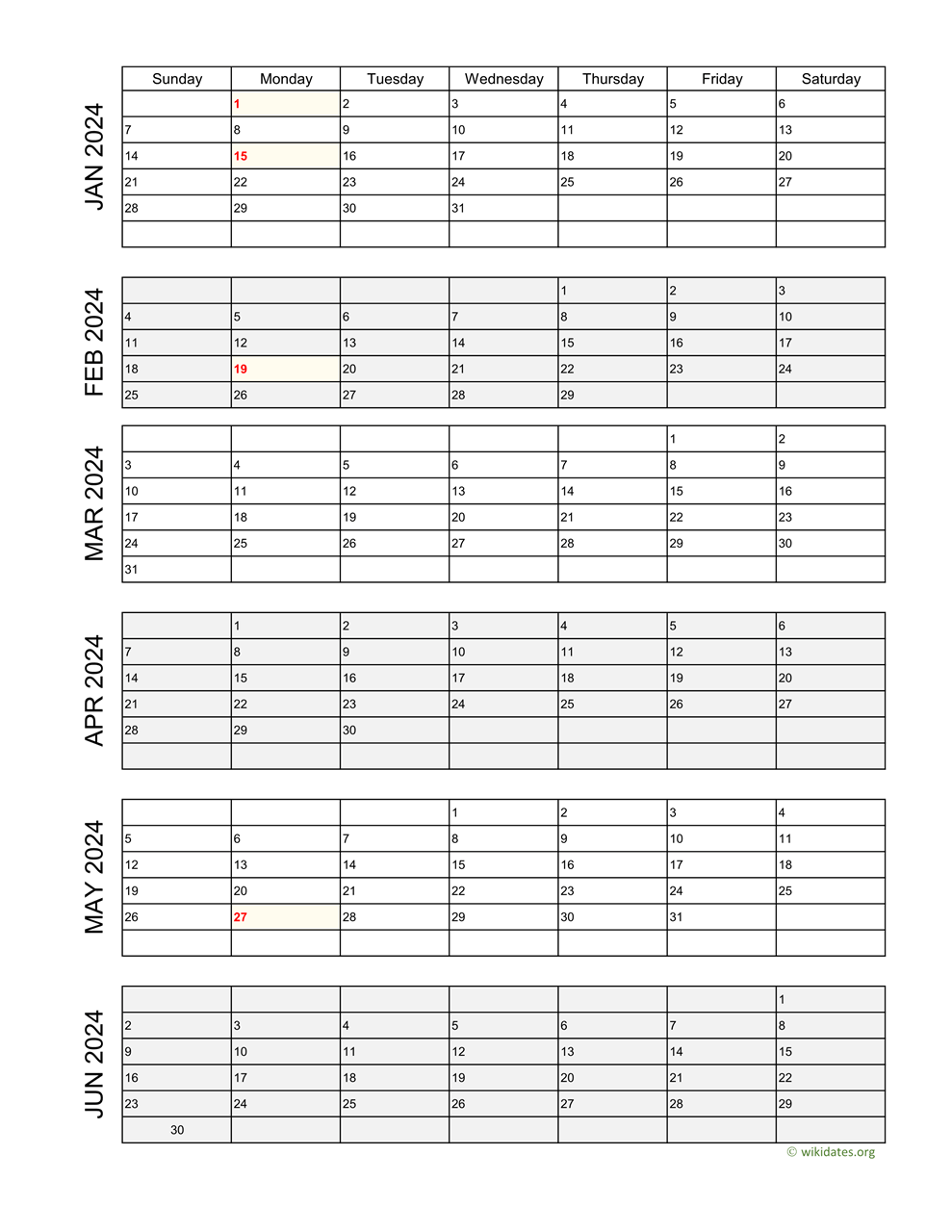 2024 Calendar Printable 6 Months Per Page 2024 CALENDAR PRINTABLE - Free Printable 2024 Monthly Calendar With Holidays And Lines