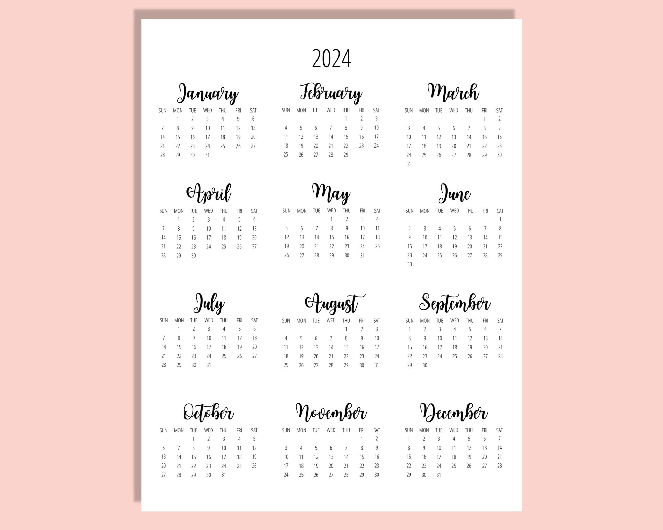 2024 Calendar Printable Cute Free 2024 Yearly Calendar - Free Printable 2024 Mini Calendar