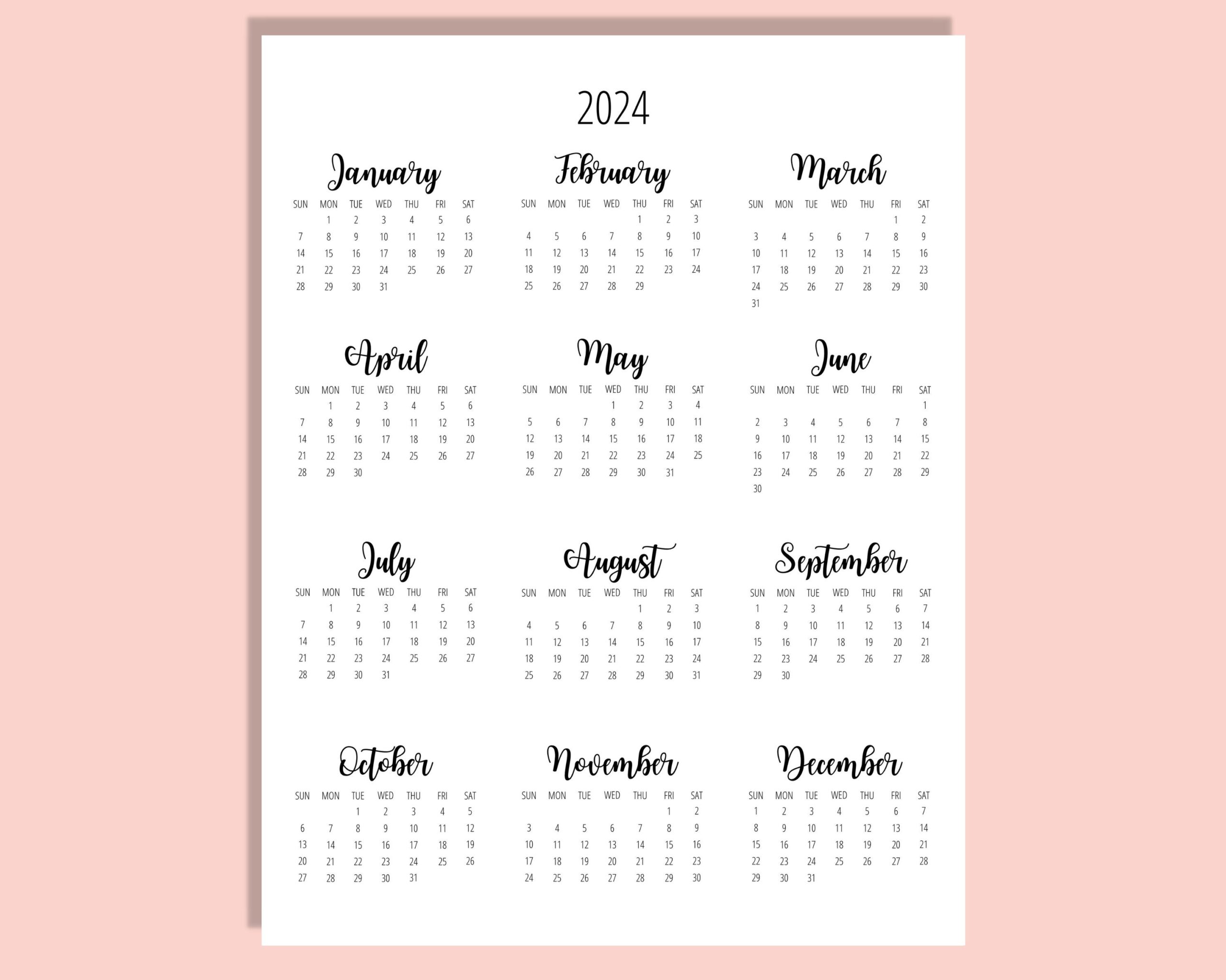 2024 Calendar Printable Cute Free 2024 Yearly Calendar - Free Printable 2024 Calendar Brush