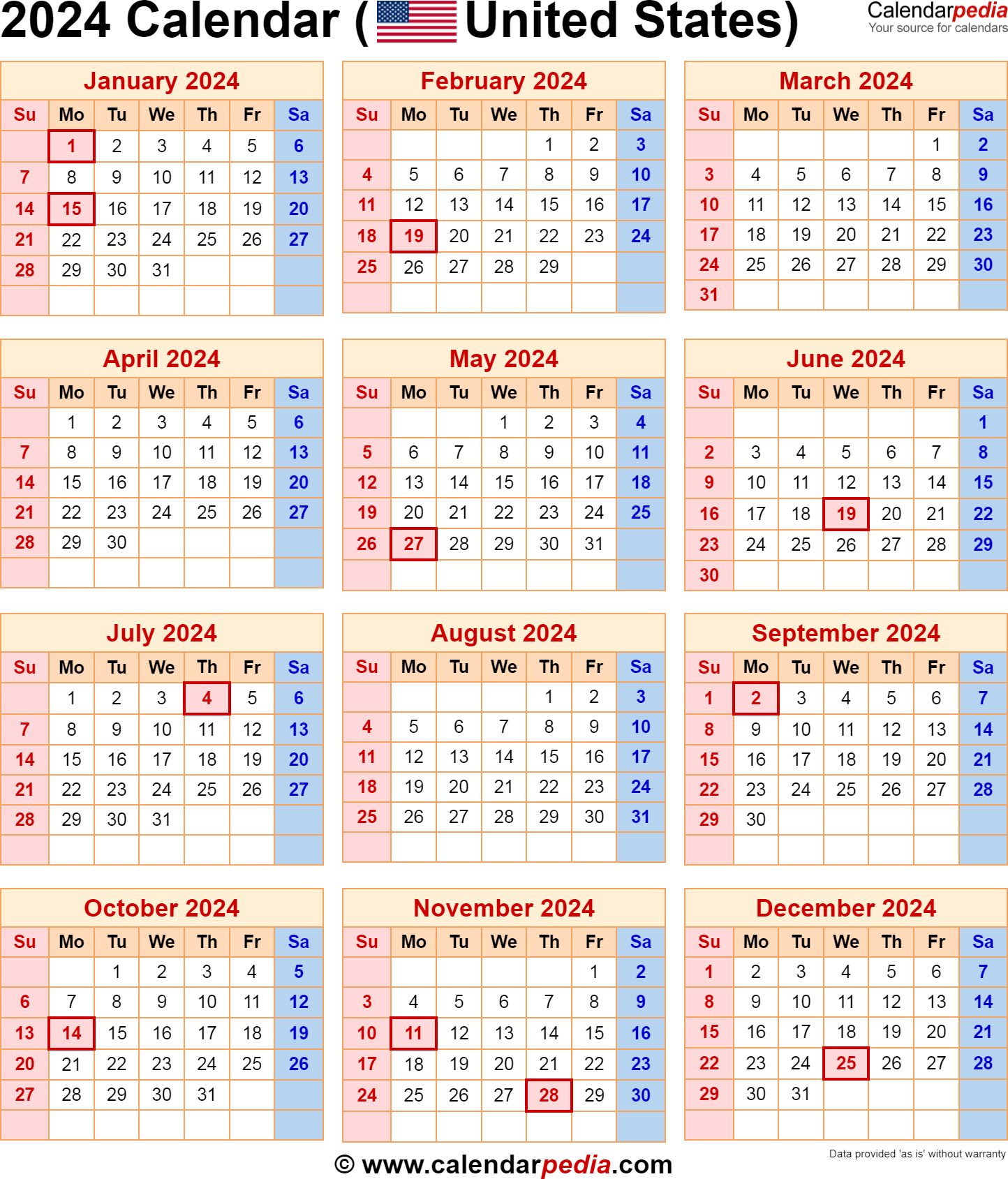 2024 Calendar Printable Cute Free 2024 Yearly Calendar Templates - Free Printable 2024 Calendar With Holidays And Seasons