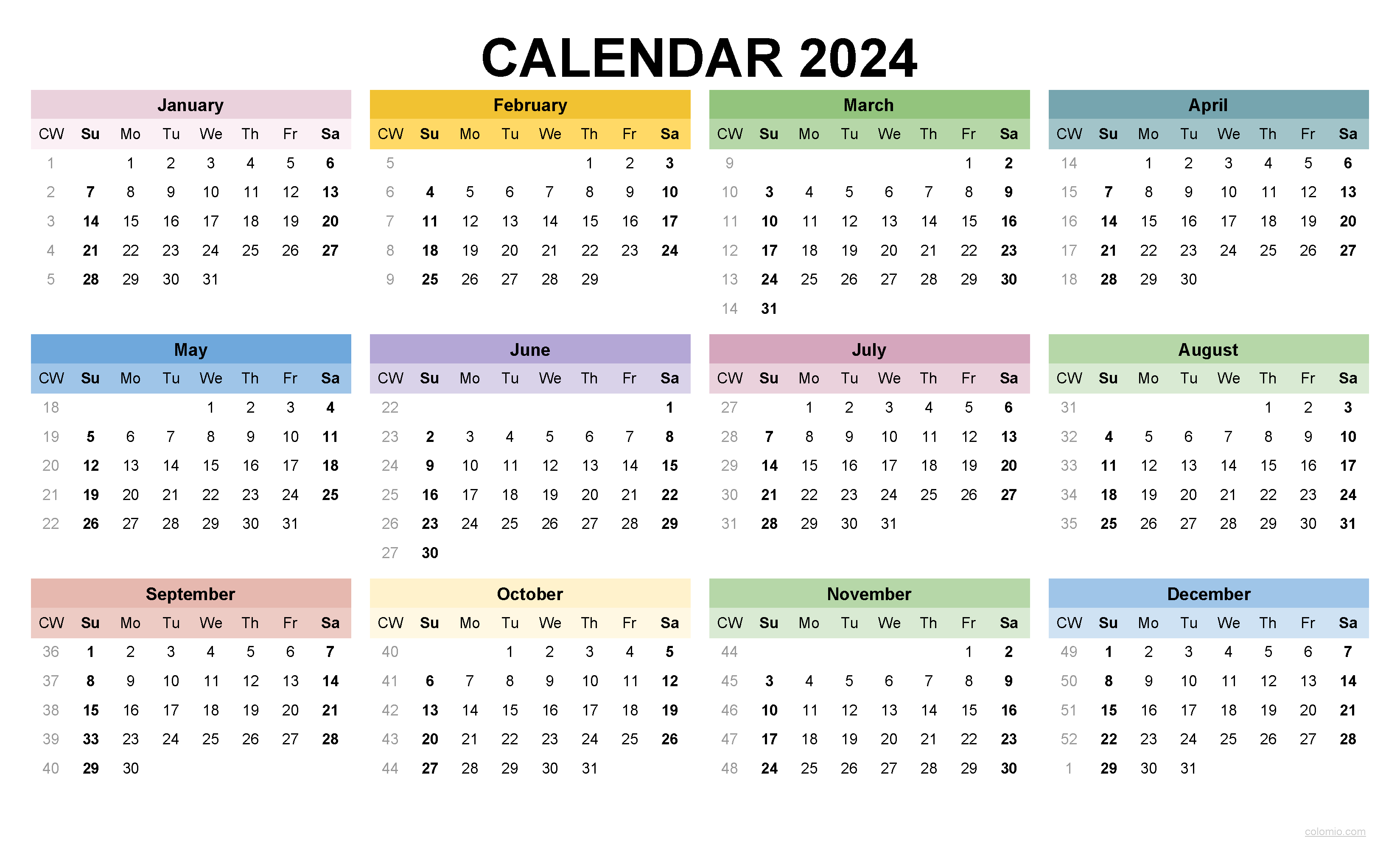 2024 Calendar Printable, ✓ Pdf, Excel And Image File - Free intended for Free Printable Calendar 2024 Colorful