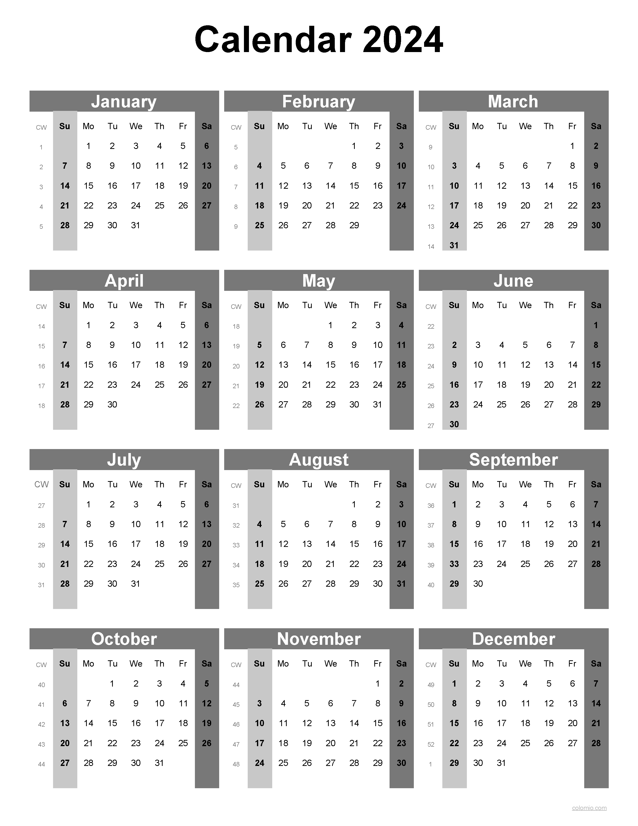 2024 Calendar Printable, ✓ Pdf, Excel And Image File - Free pertaining to Free Printable Black And White Calendar 2024
