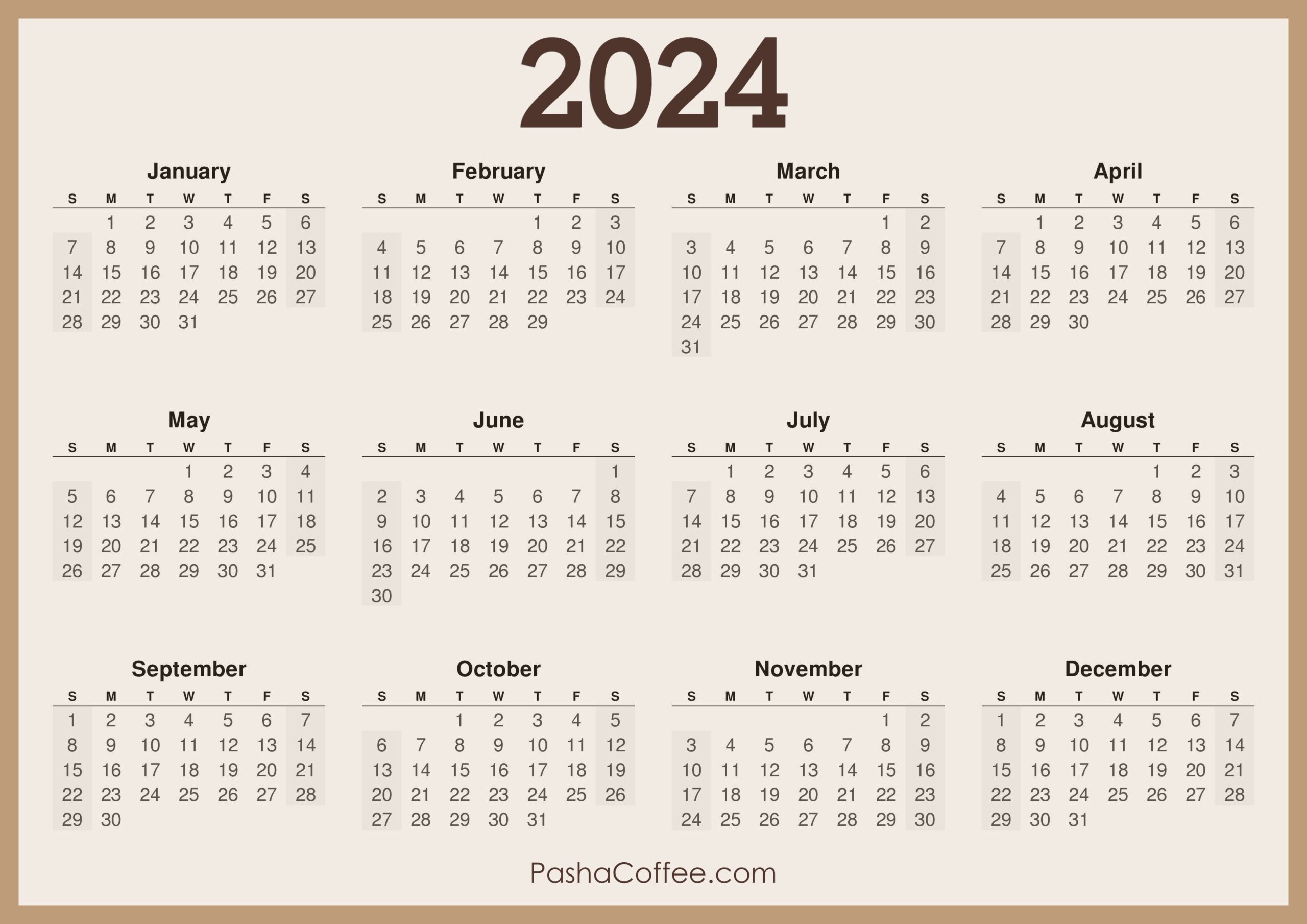 2024 Calendar Printable Free, Horizontal, Beige – Pashacoffee regarding Free Printable Calendar 2024 Pdf Download