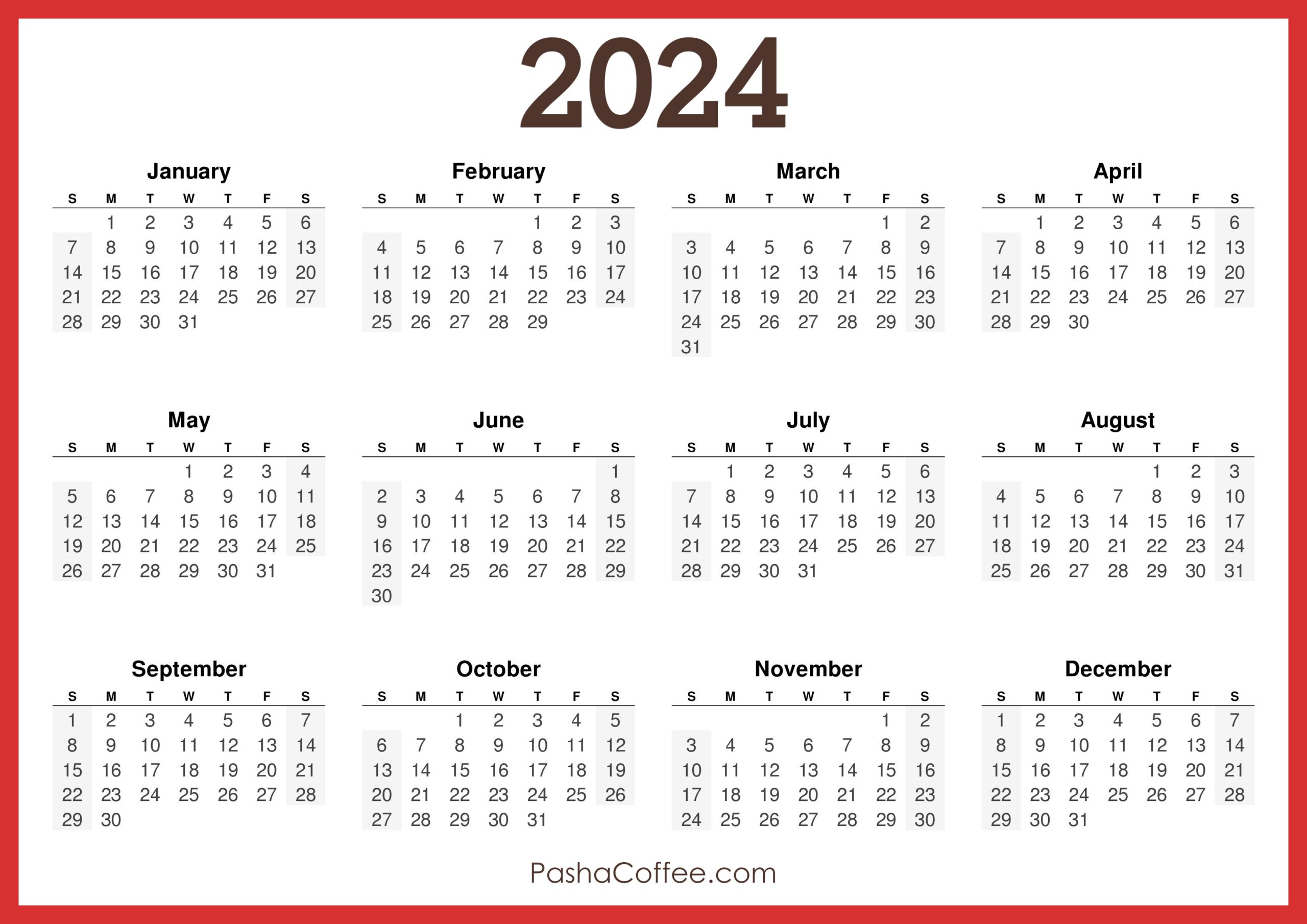 2024 Calendar Printable Free, Horizontal, Red – Pashacoffee inside Free Printable Calendar 2024 8 1 2 X 11