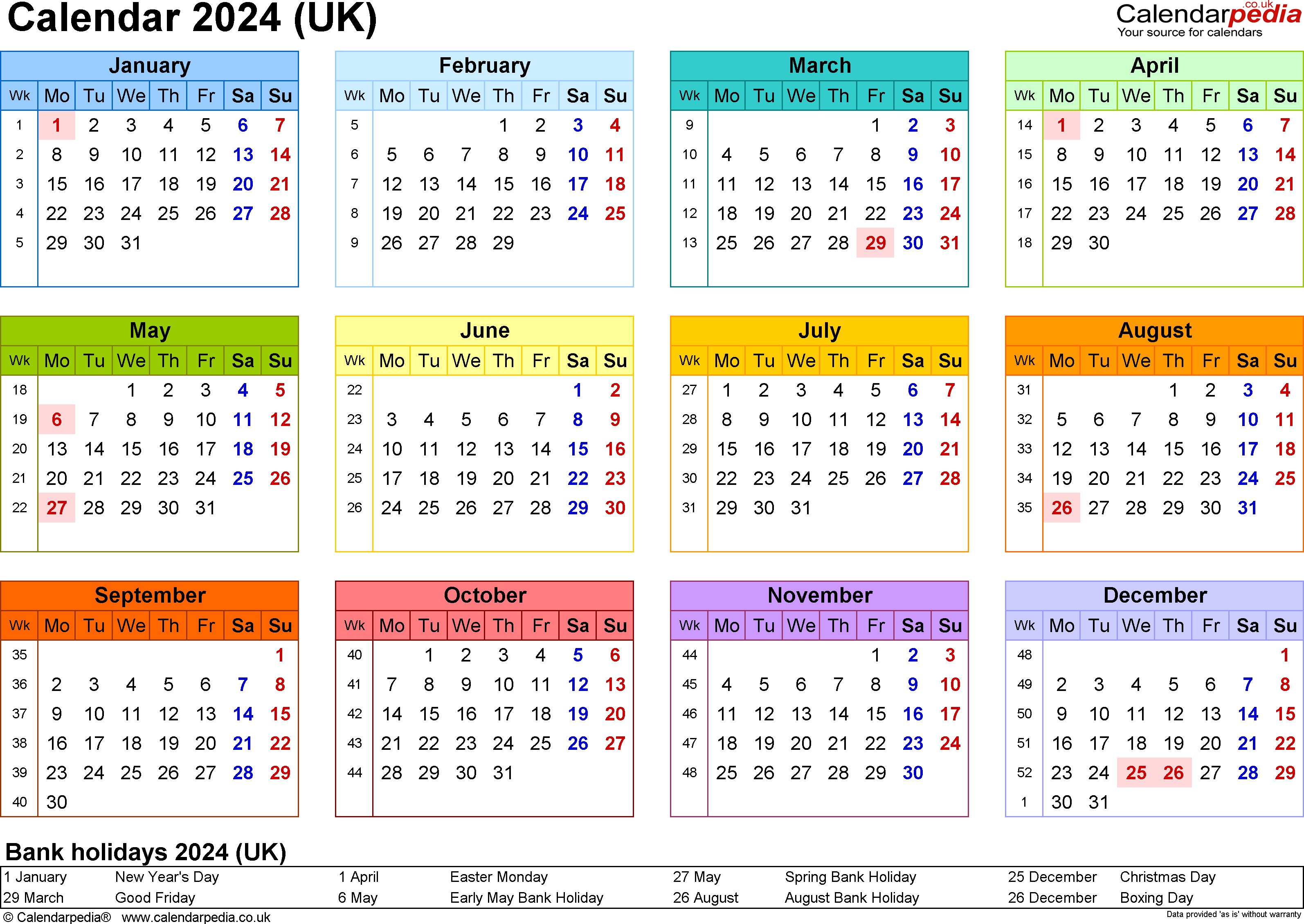 2024 Calendar Printable One Page - Free Printable 2024 Monthly Calendar UK