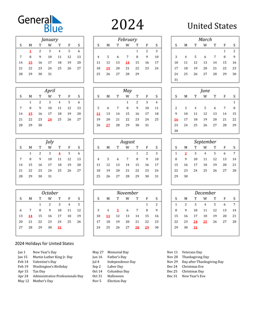 2024 Calendar Printable With Holidays | Free Printable 2024 Yearly Calendar With Federal Holidays