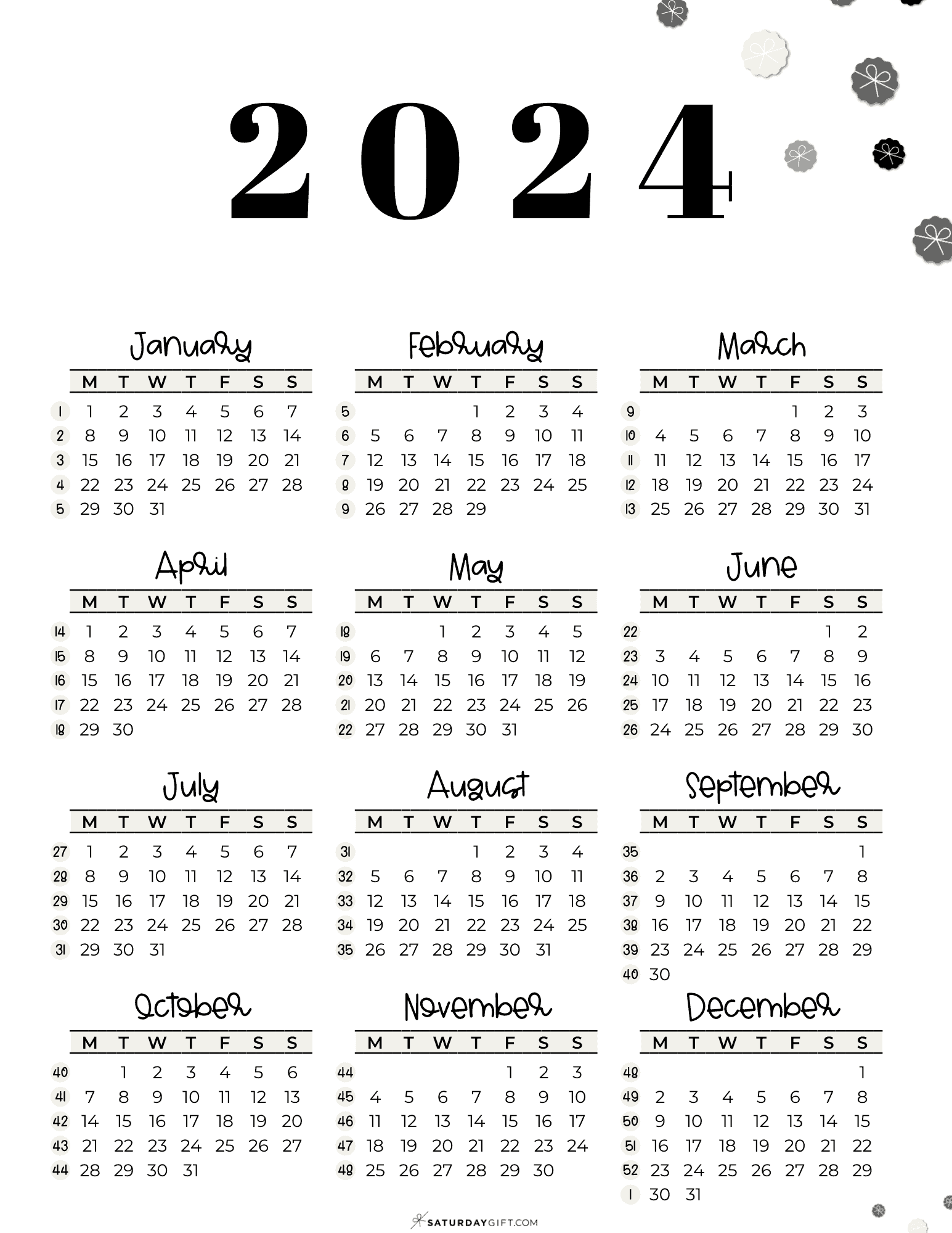 2024 Calendar Printable With Week Numbers List Dec 2024 Calendar - Free Printable 2024 Year At A Glance Calendar