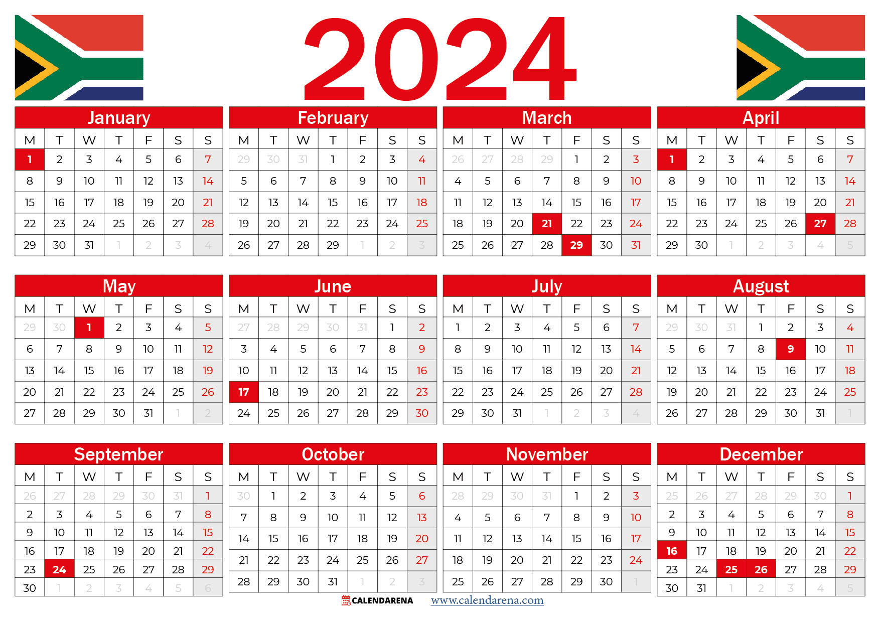 2024 Calendar South Africa With Holidays Printable with regard to Free Printable Calendar 2024 South Africa
