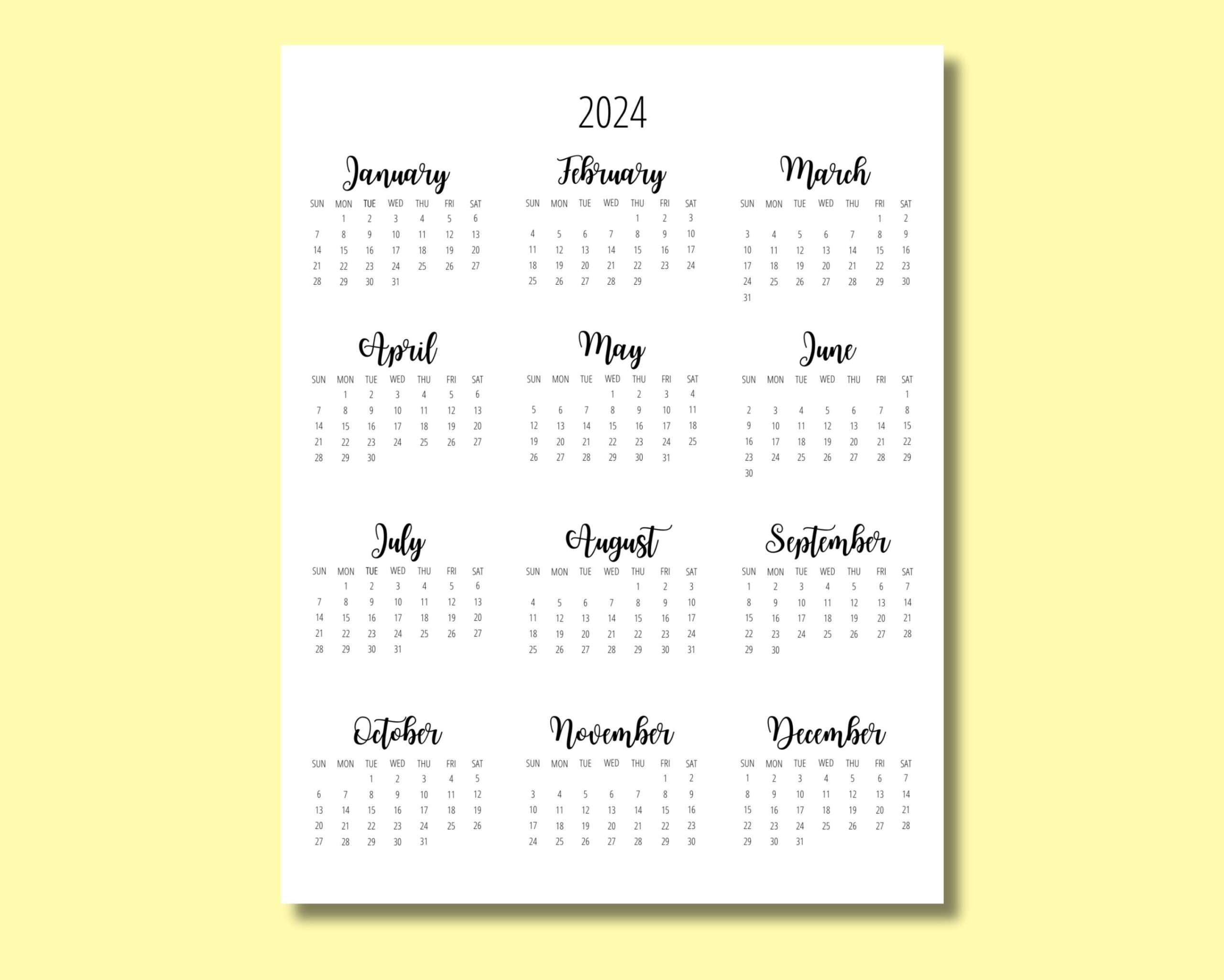 2024 Calendar Template 8.5 X 11 Inches Vertical Year At A Glance within Free Printable Calendar 2024 Tumblr
